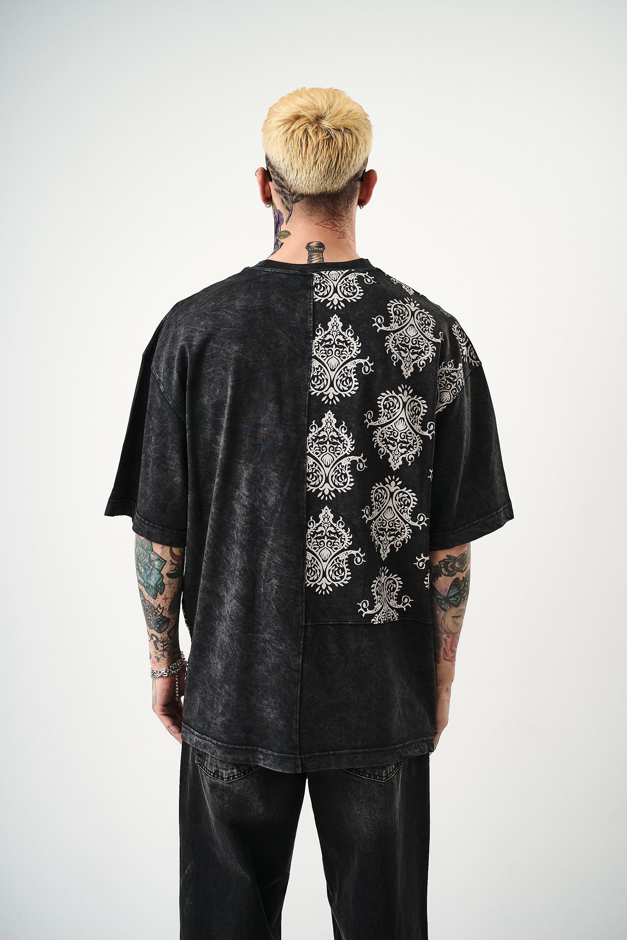 Erkek Paisley Baskılı Yıkamalı Oversize T-Shirt Siyah