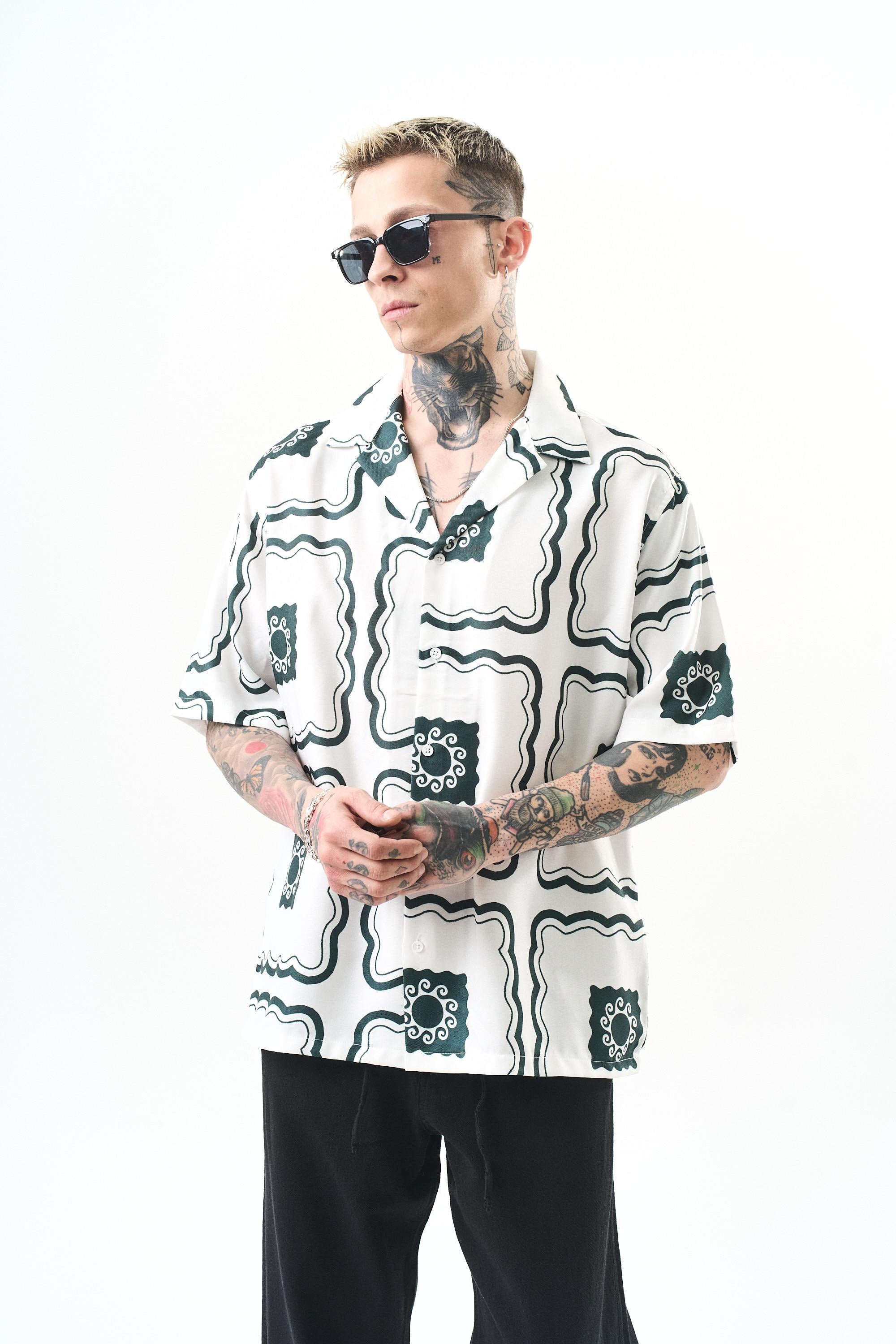 Erkek Paisley Pattern Baskılı Oversize Gömlek Beyaz