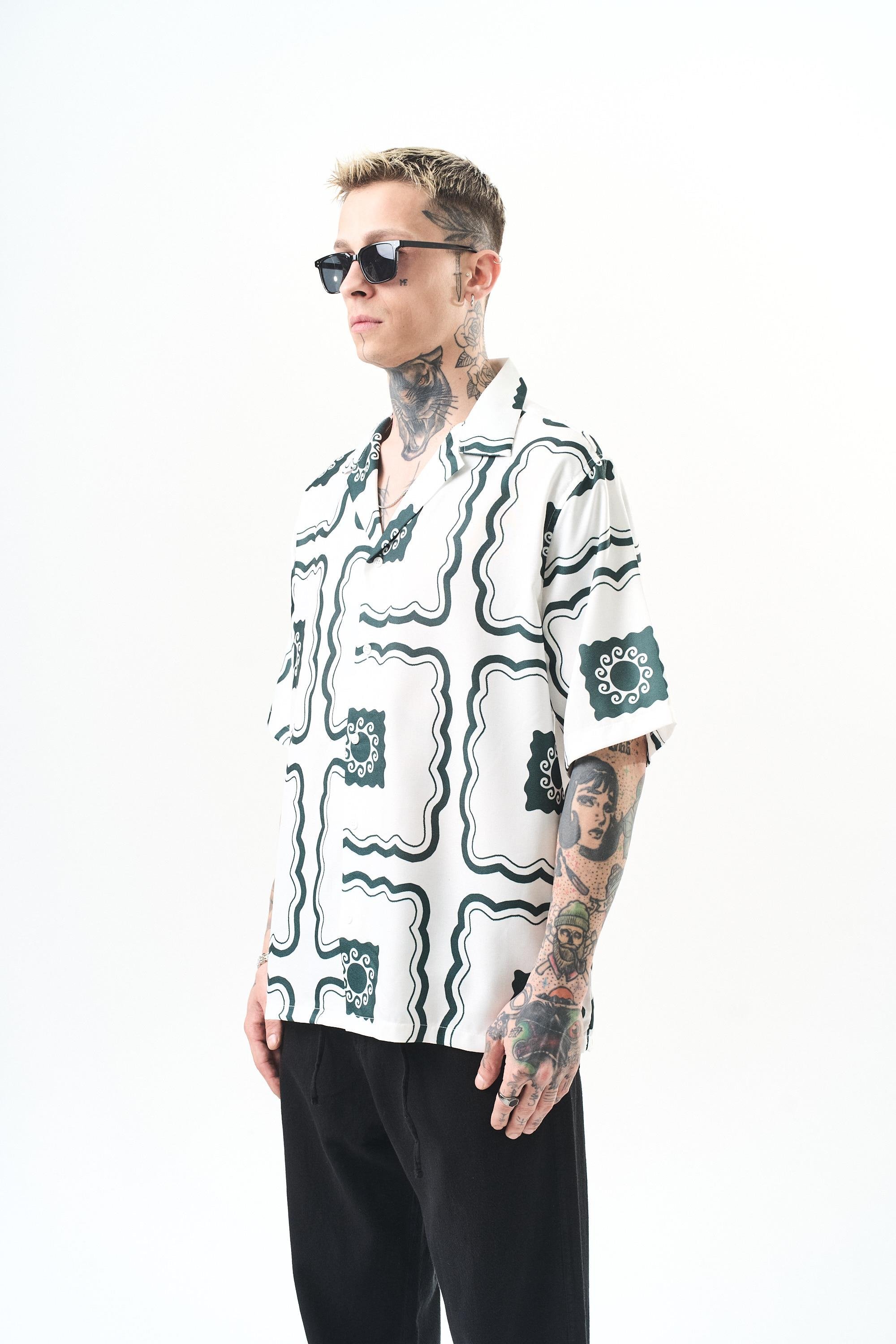 Erkek Paisley Pattern Baskılı Oversize Gömlek Beyaz