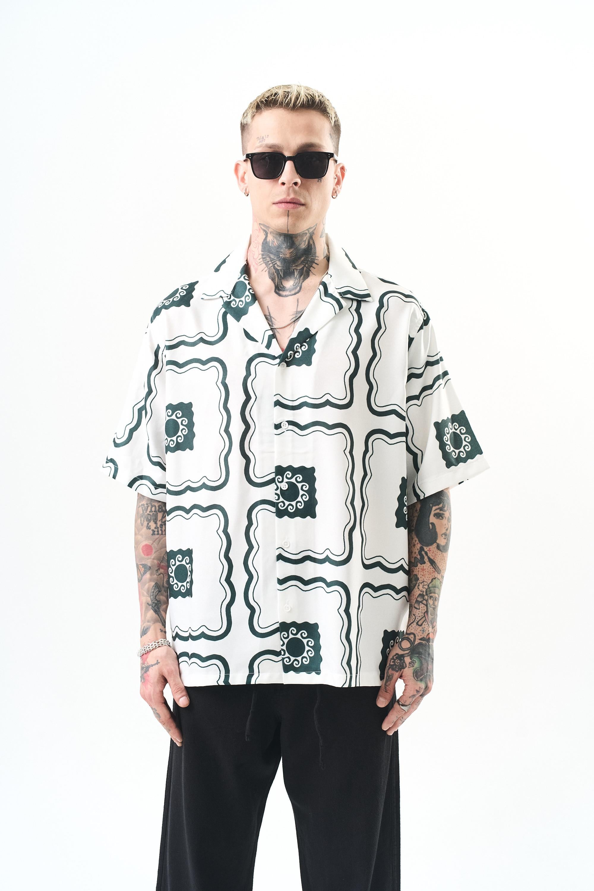 Erkek Paisley Pattern Baskılı Oversize Gömlek Beyaz