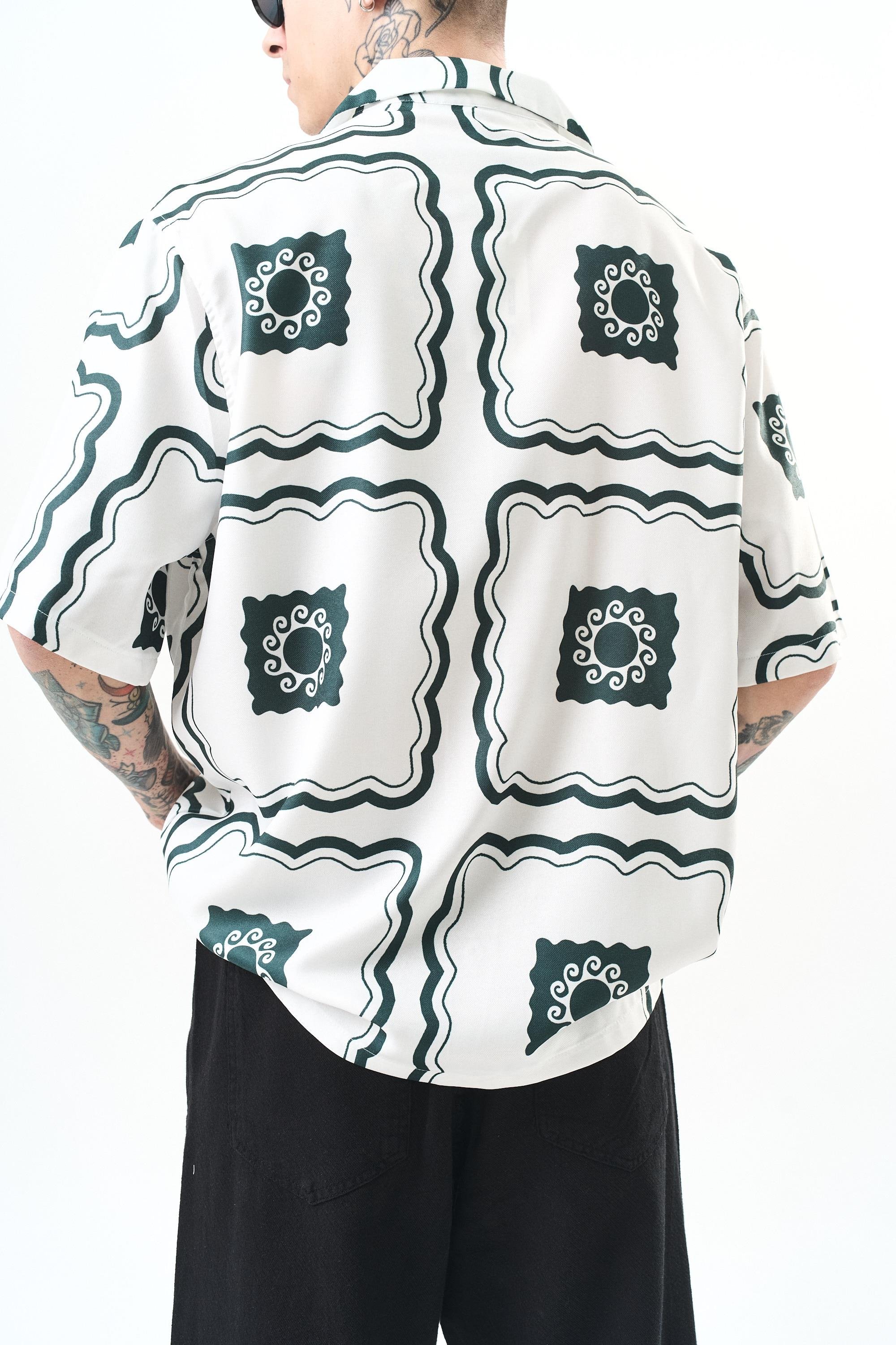 Erkek Paisley Pattern Baskılı Oversize Gömlek Beyaz