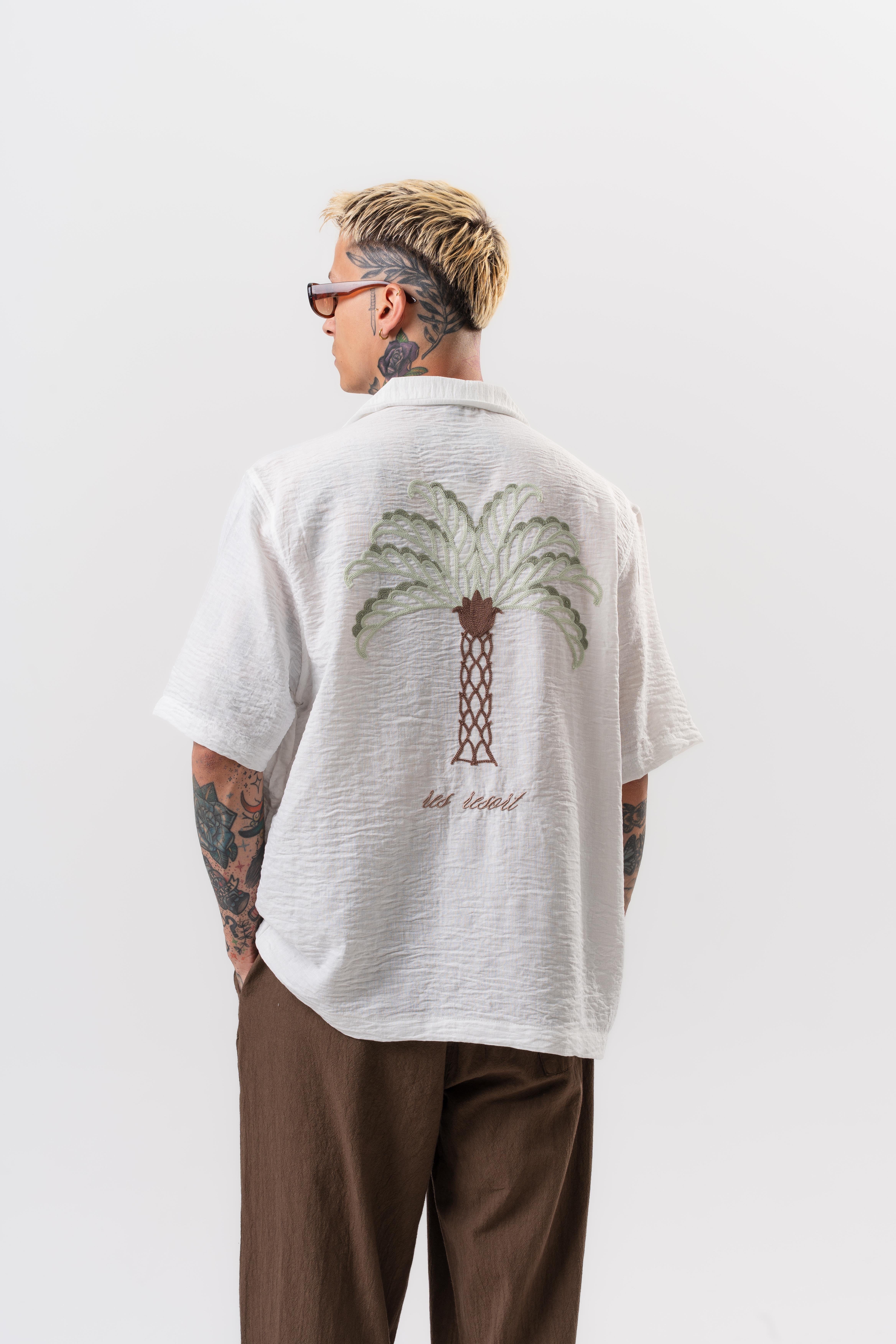 Erkek Palm Nakışlı Oversize Gömlek Beyaz