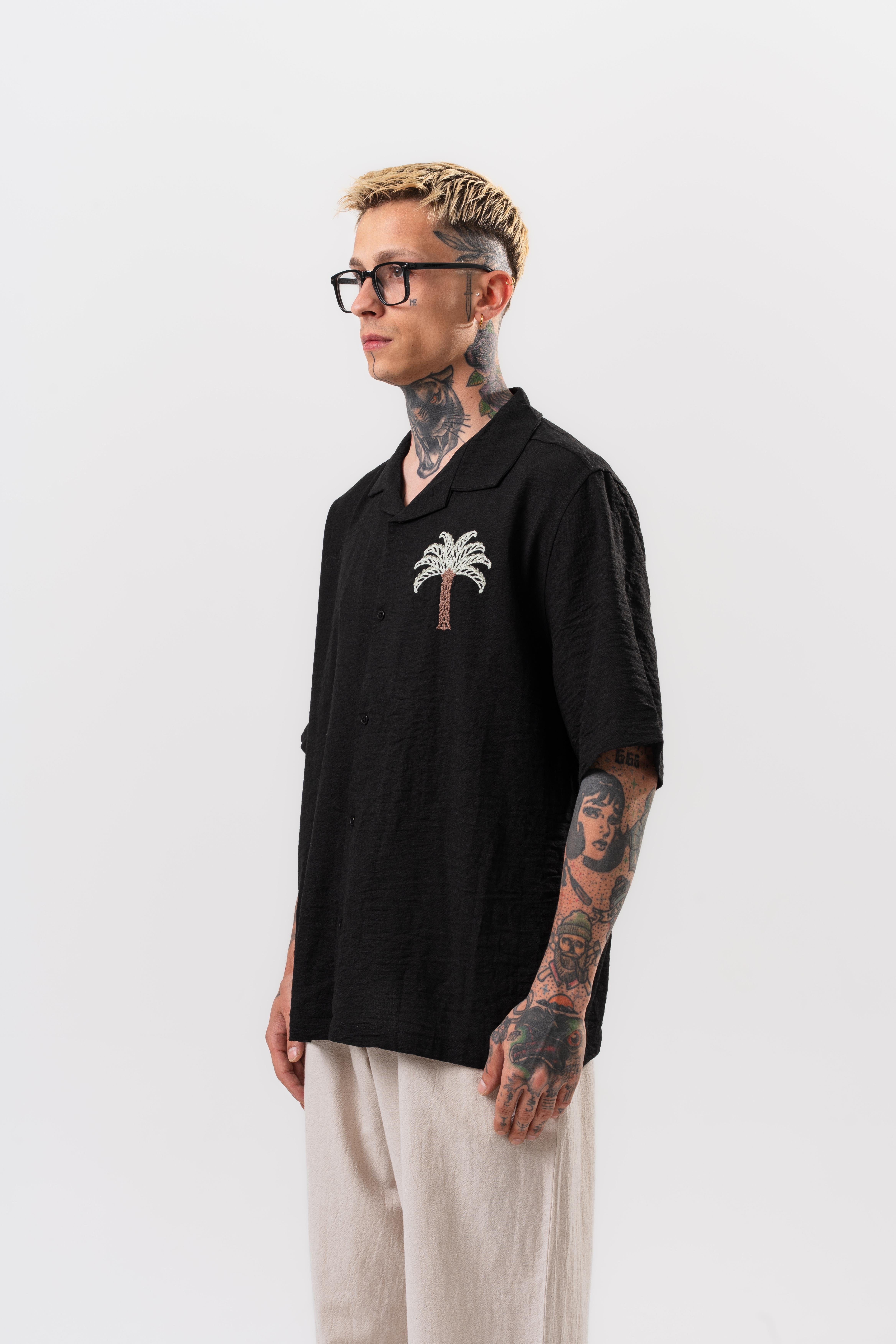 Erkek Palm Nakışlı Oversize Gömlek Siyah