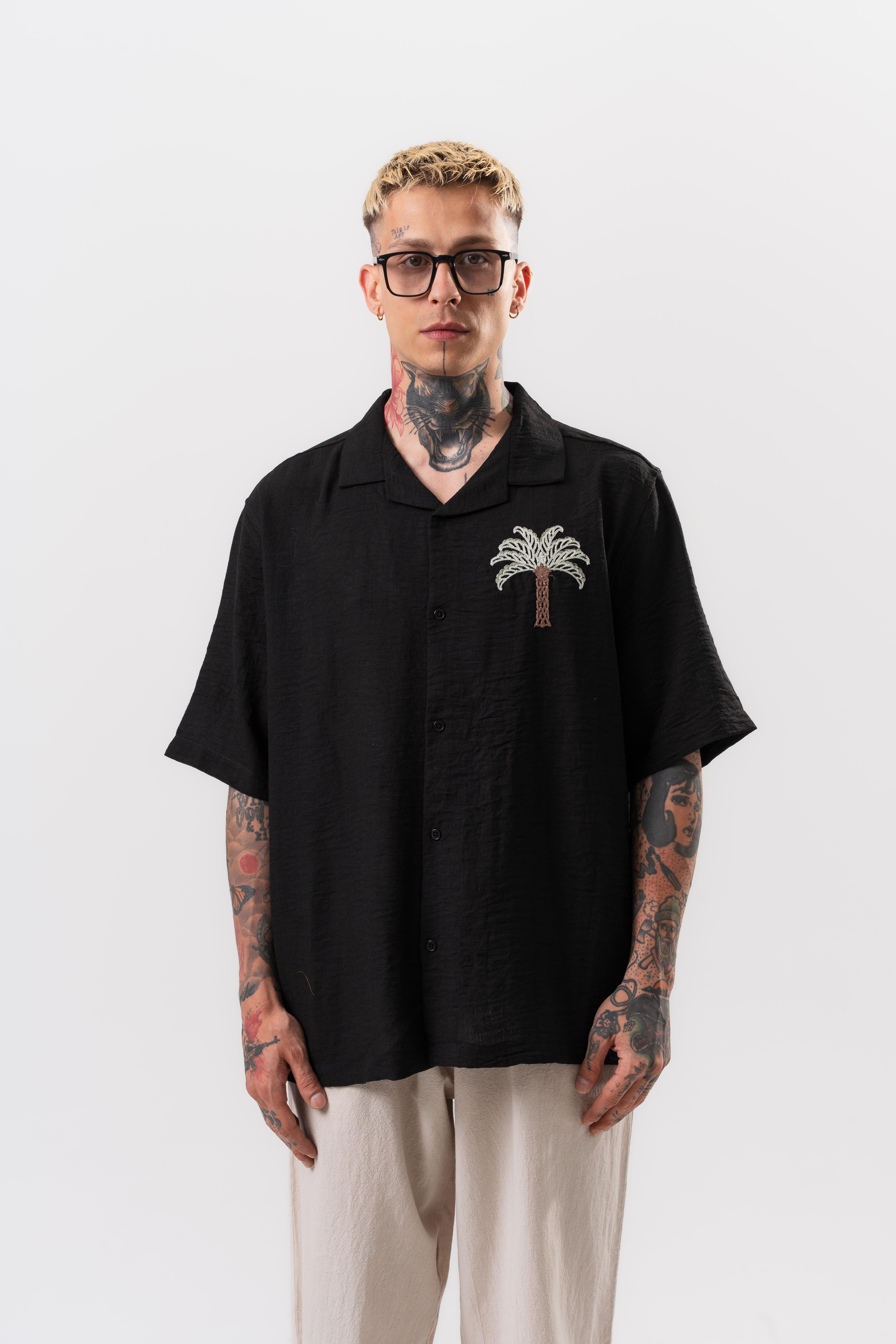 Erkek Palm Nakışlı Oversize Gömlek Siyah