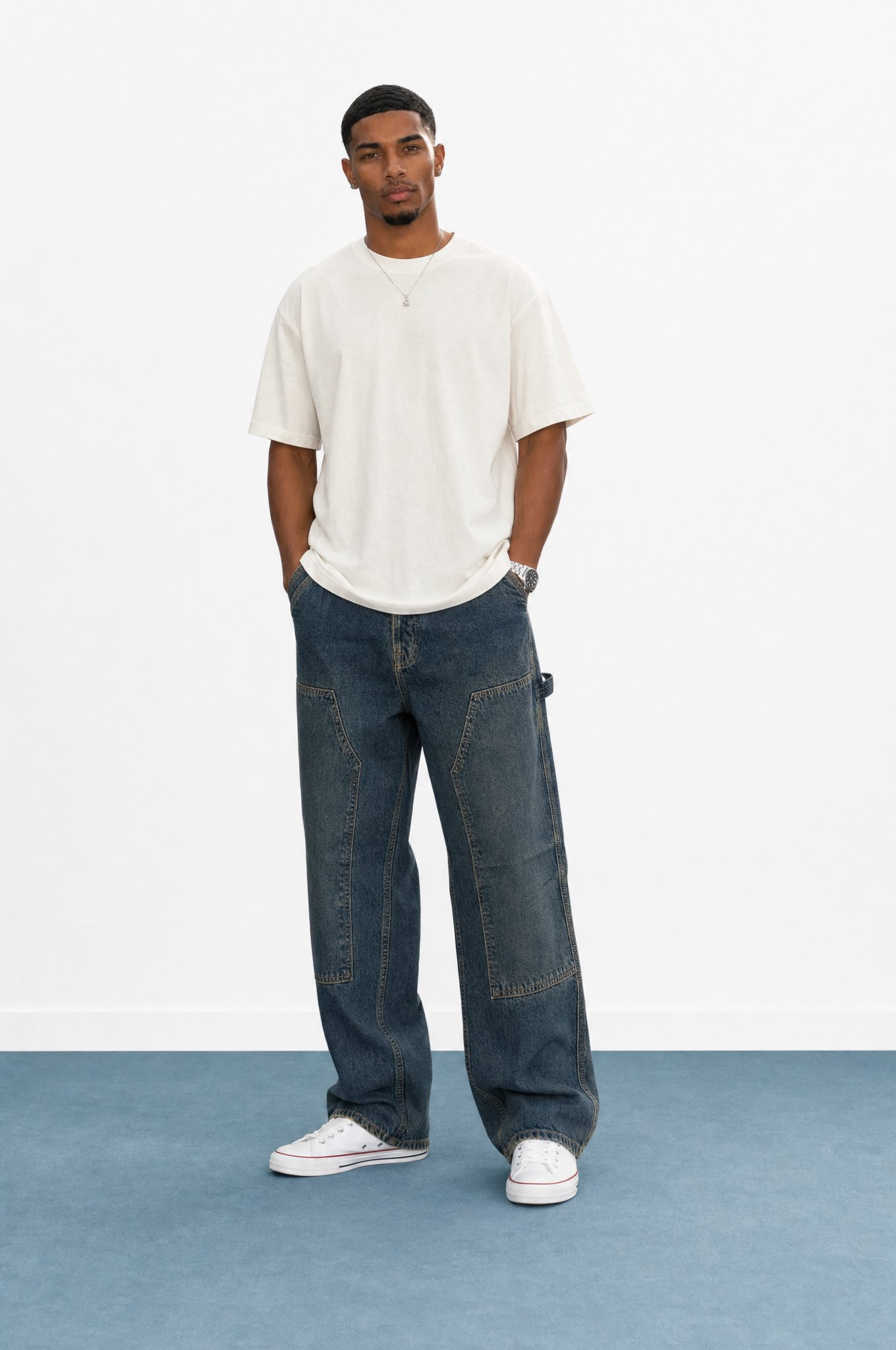 Erkek Parça Detaylı Baggy Jean Tint Mavi