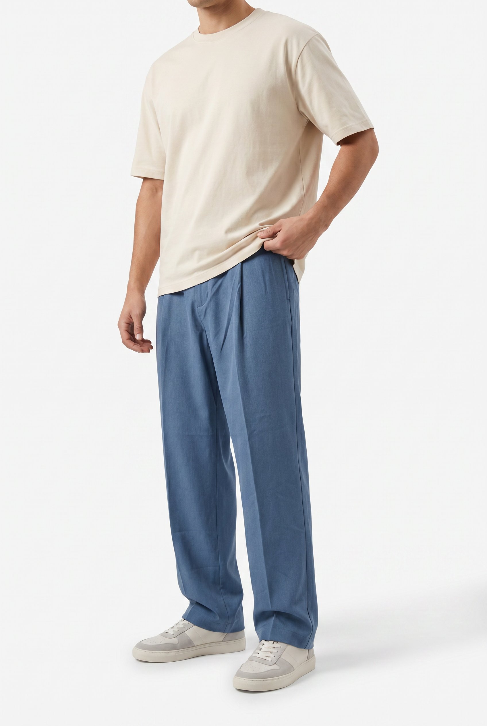 Erkek Pile Detaylı Dokuma Baggy Pantolon Mavi