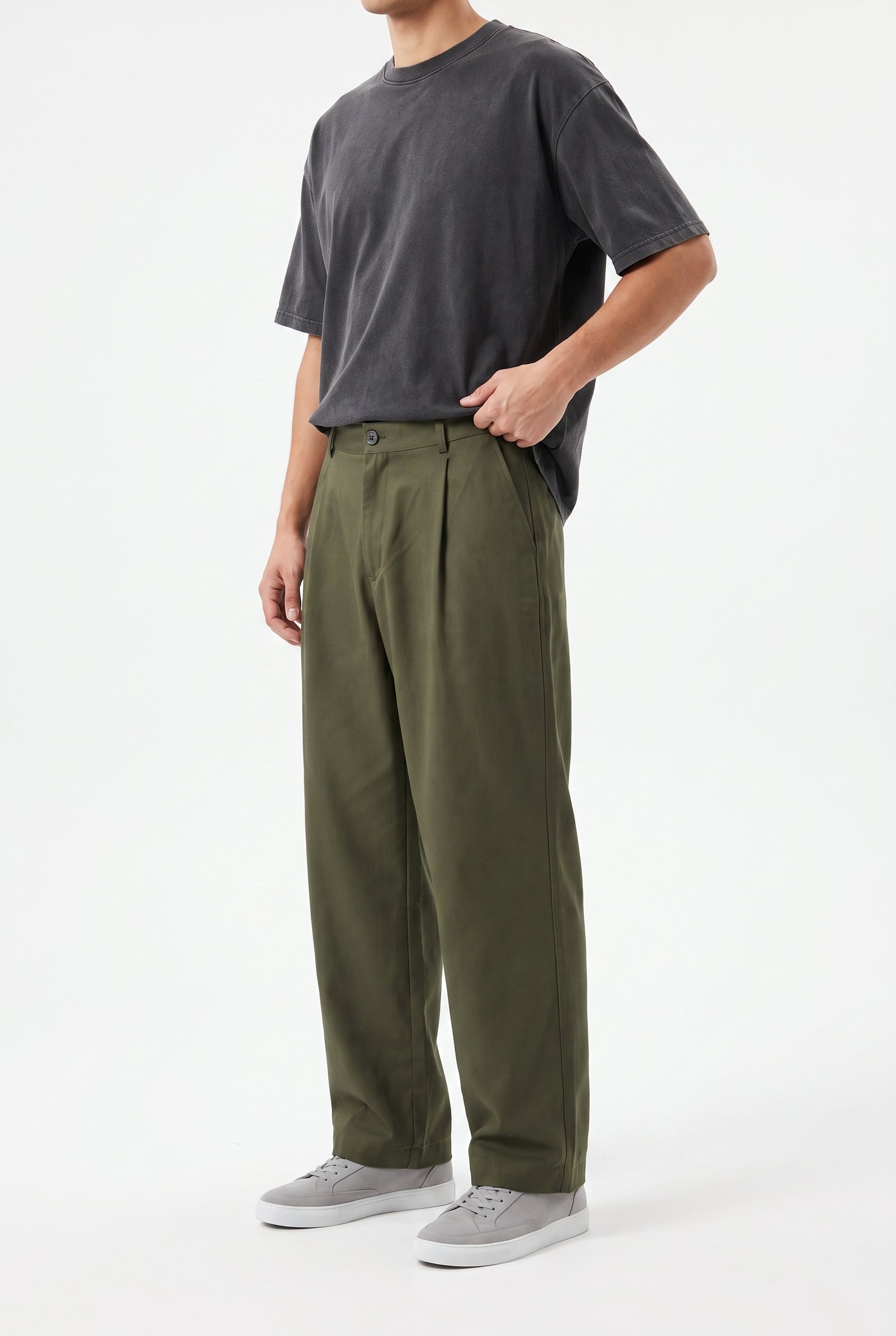 Erkek Pile Detaylı Kumaş Baggy Pantolon Haki