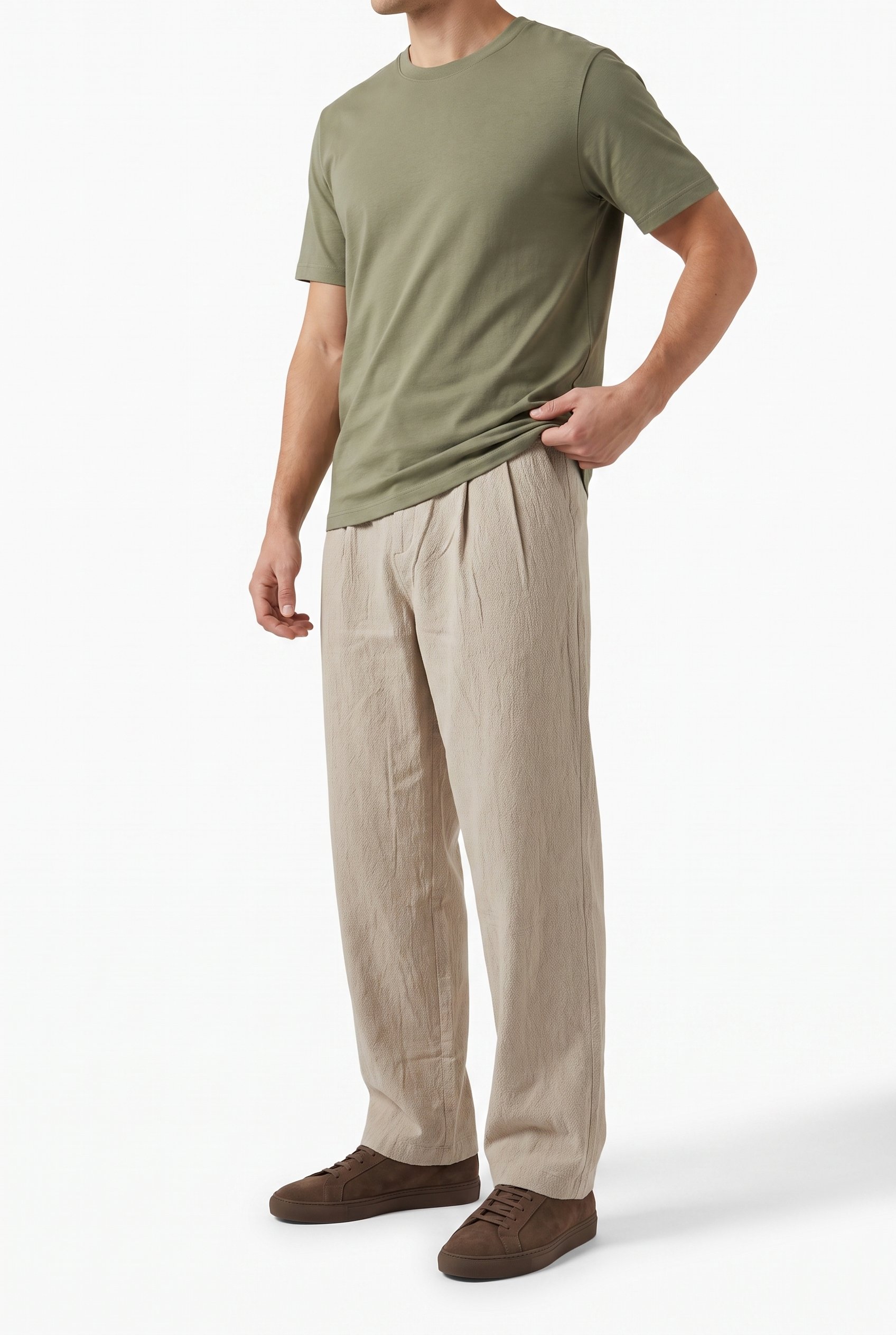 Erkek Pile Detaylı Tensel Baggy Pantolon Bej