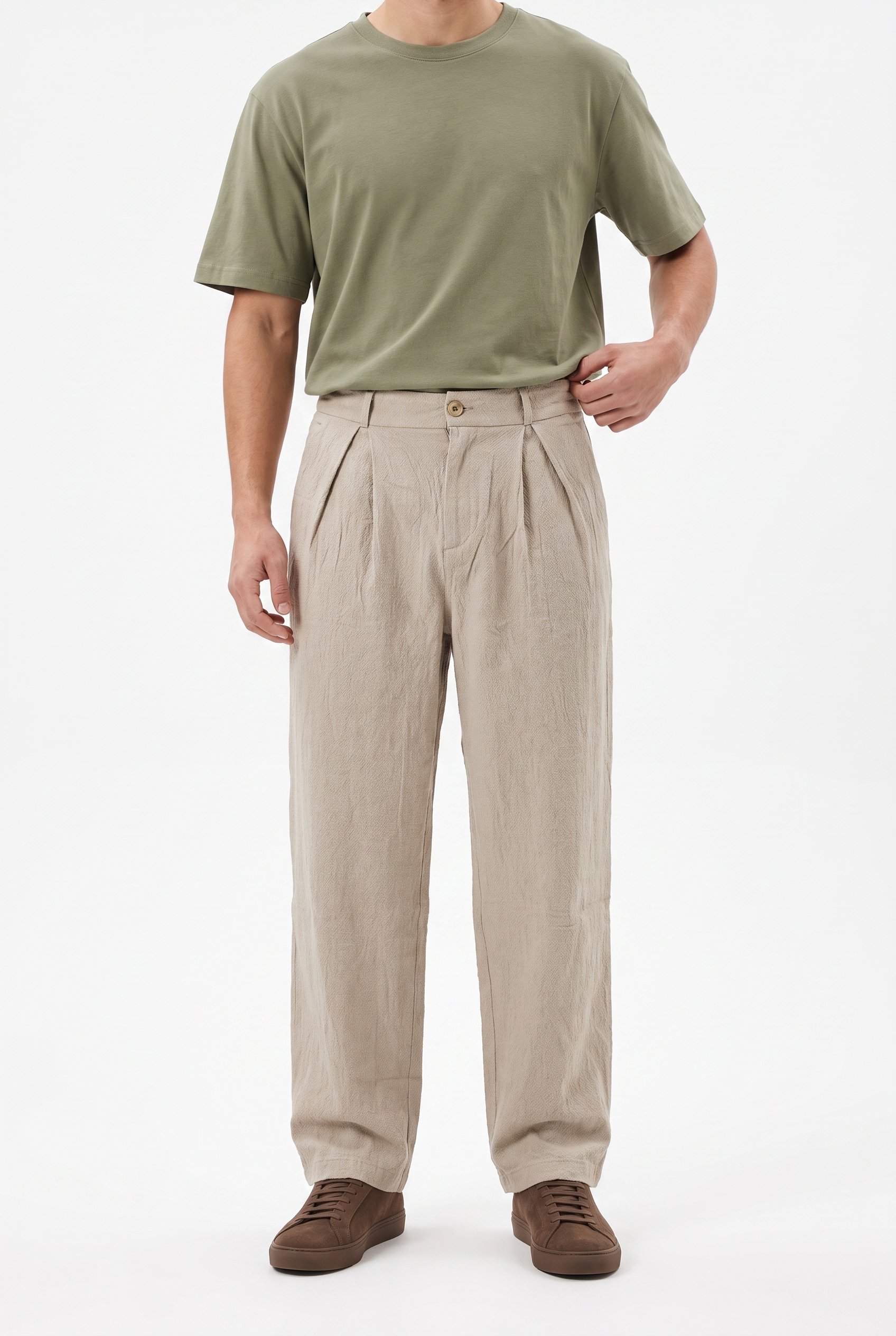 Erkek Pile Detaylı Tensel Baggy Pantolon Bej