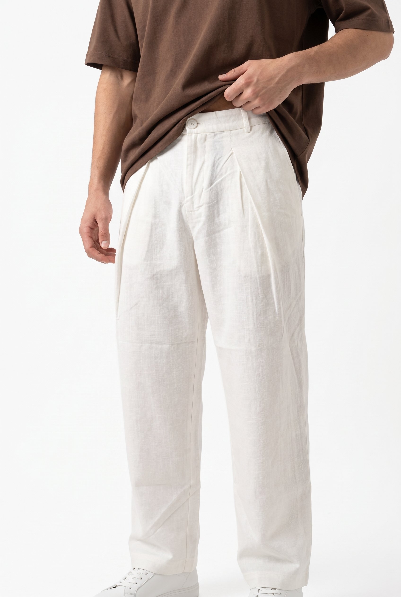 Erkek Pileli Keten Baggy Pantolon Beyaz