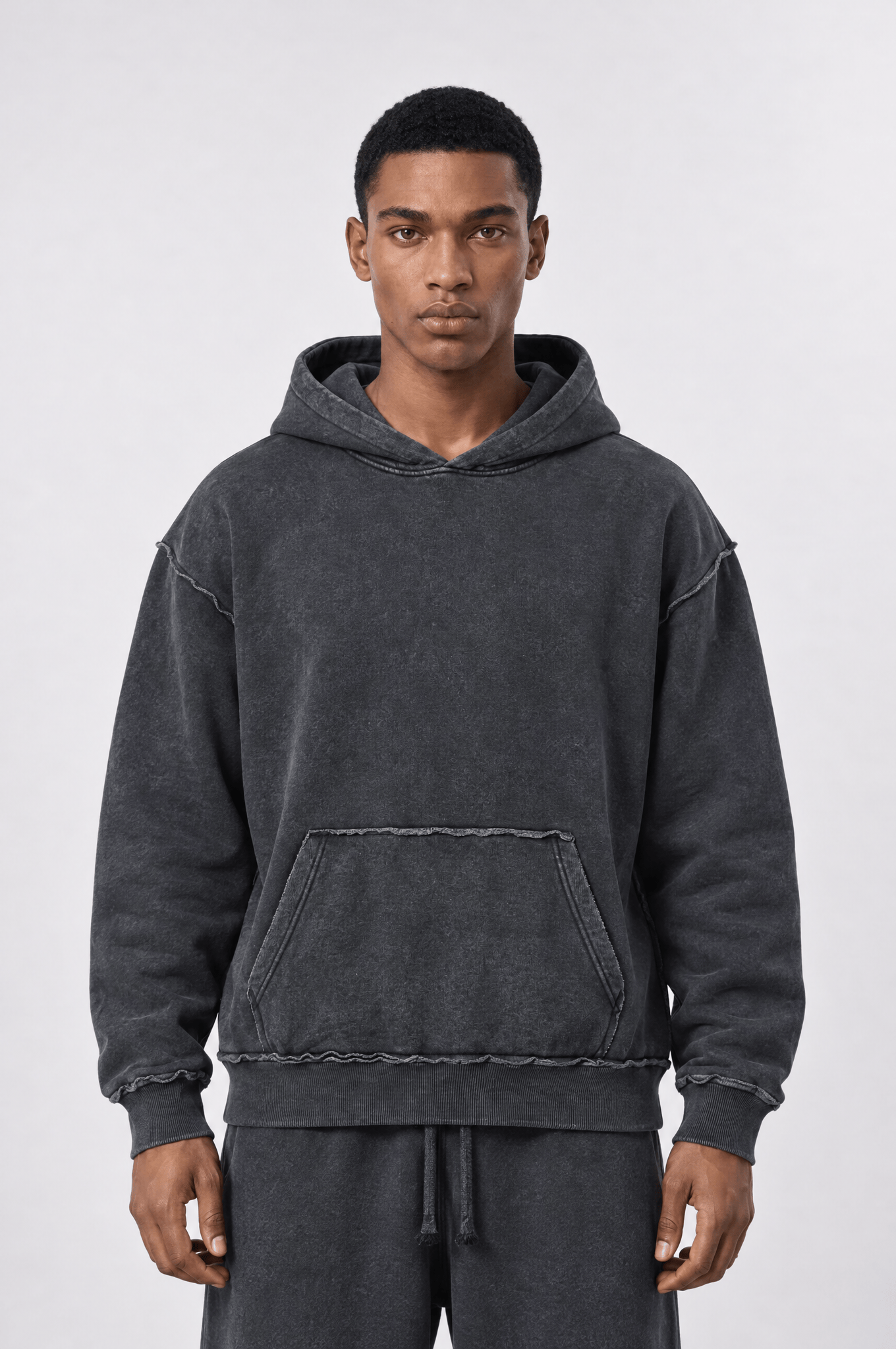 Erkek Pis Dikiş Detaylı Yıkamalı Basic Oversize Hoodie Siyah