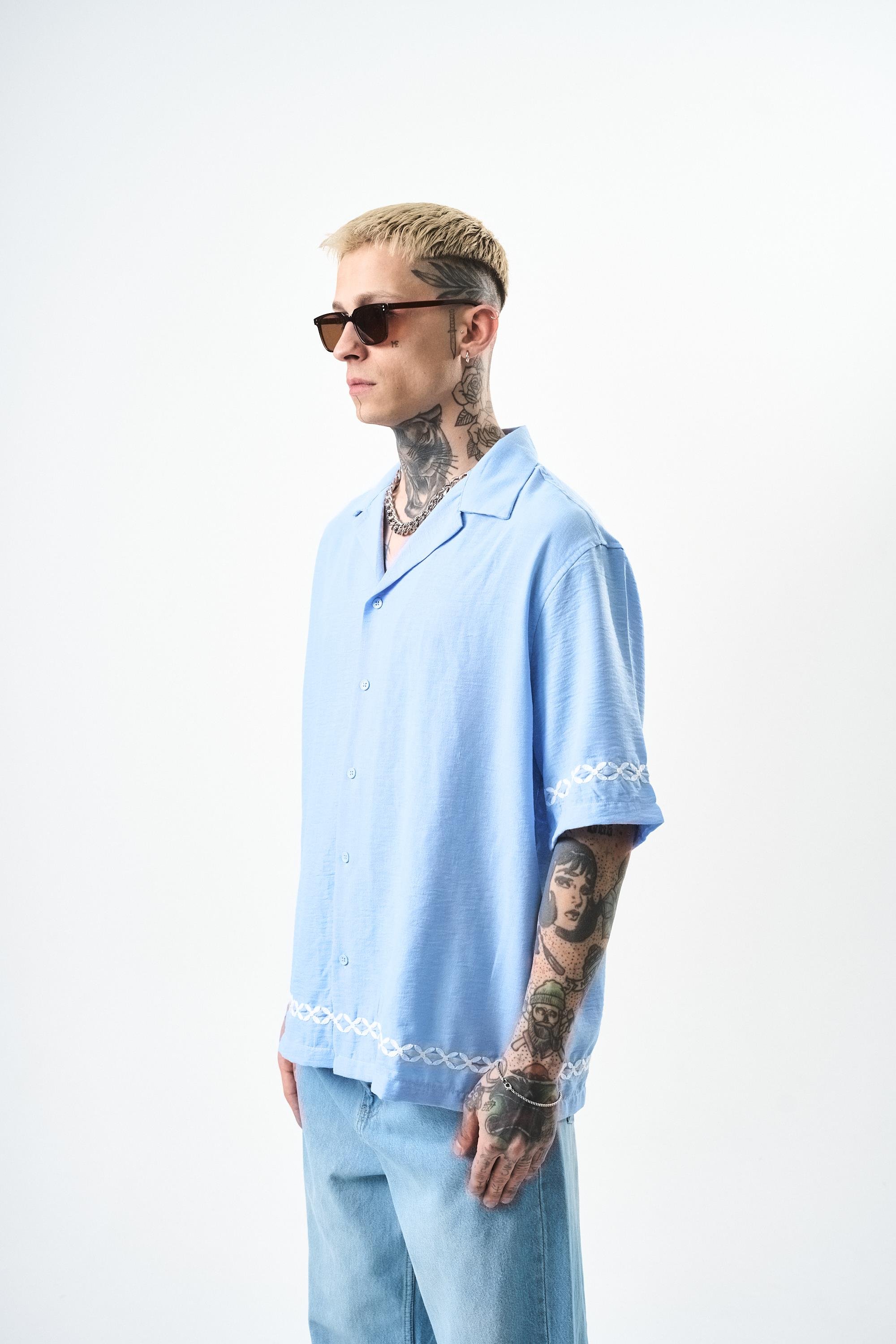 Erkek Pocket Nakışlı Oversize Keten Gömlek Bebe Mavi