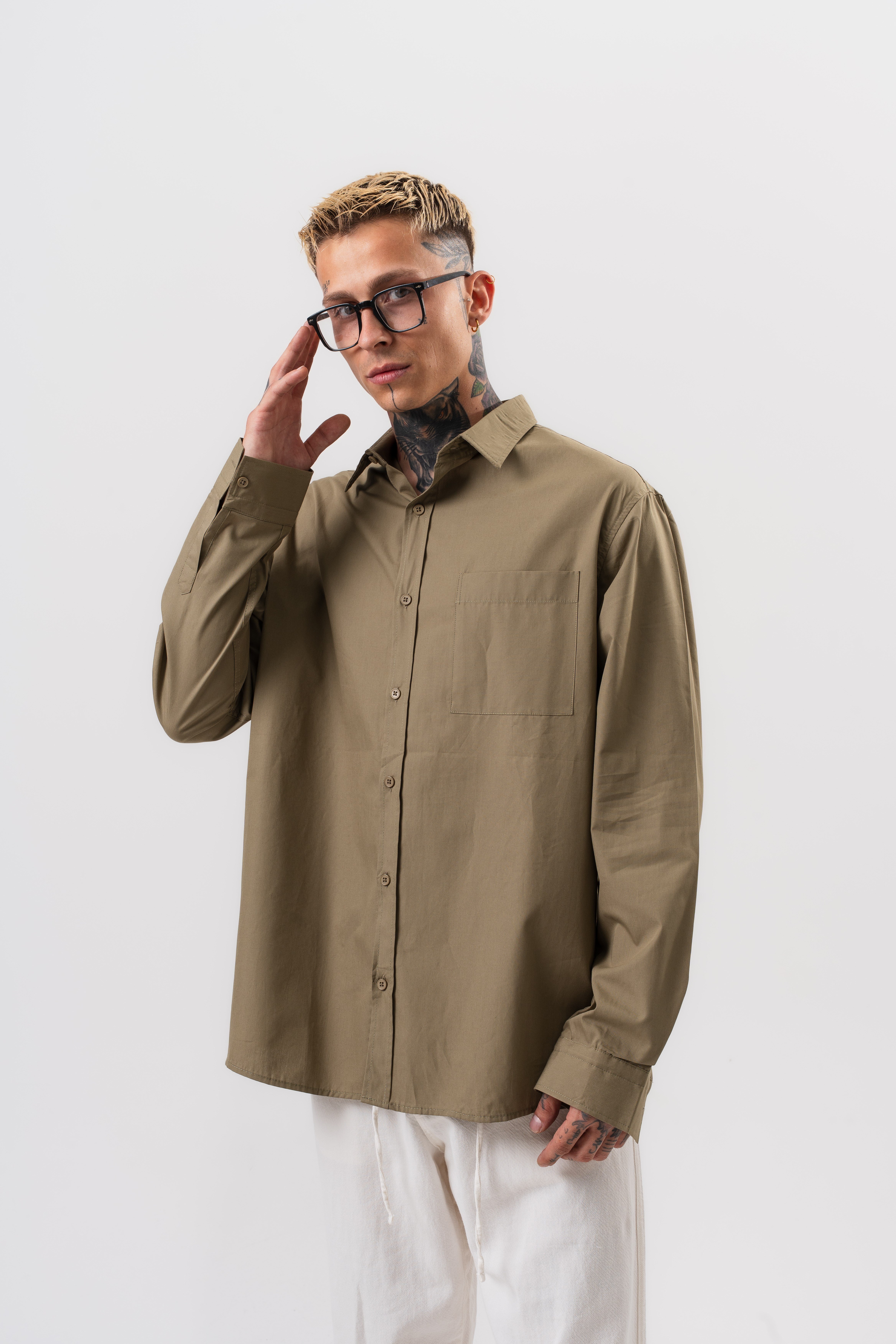 Erkek Poplin Oversize Gömlek Haki