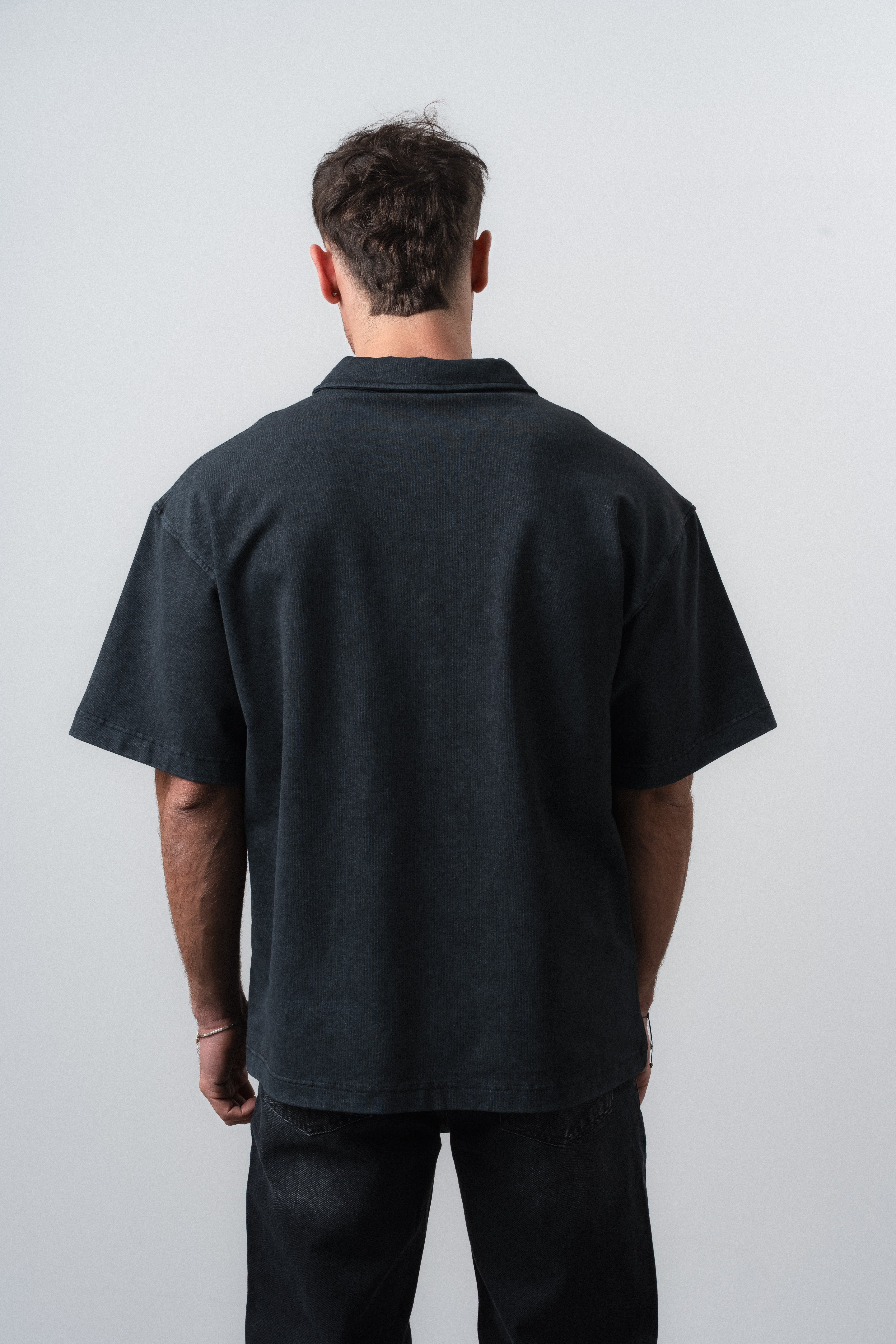 Erkek Pray Nakışlı Polo Yaka Oversize T-Shirt Siyah