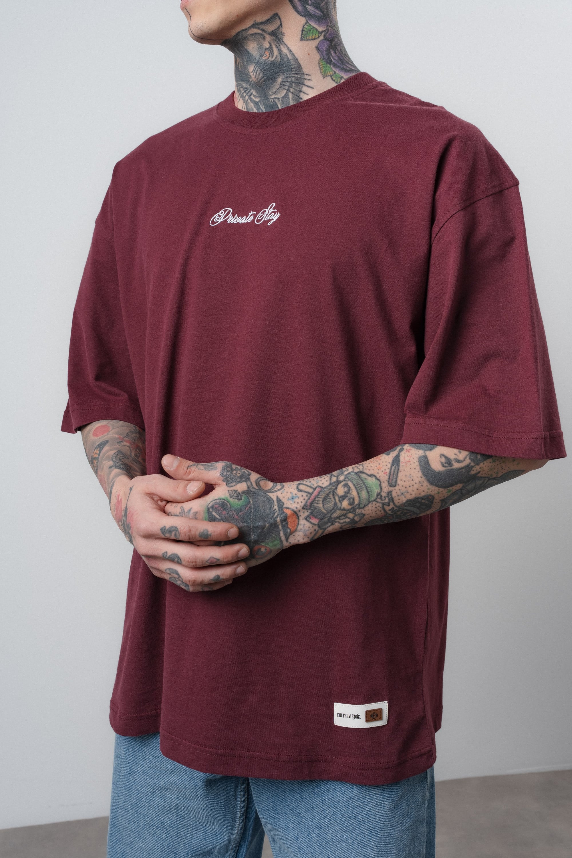 Erkek Private Baskılı Oversize T-Shirt Vişne