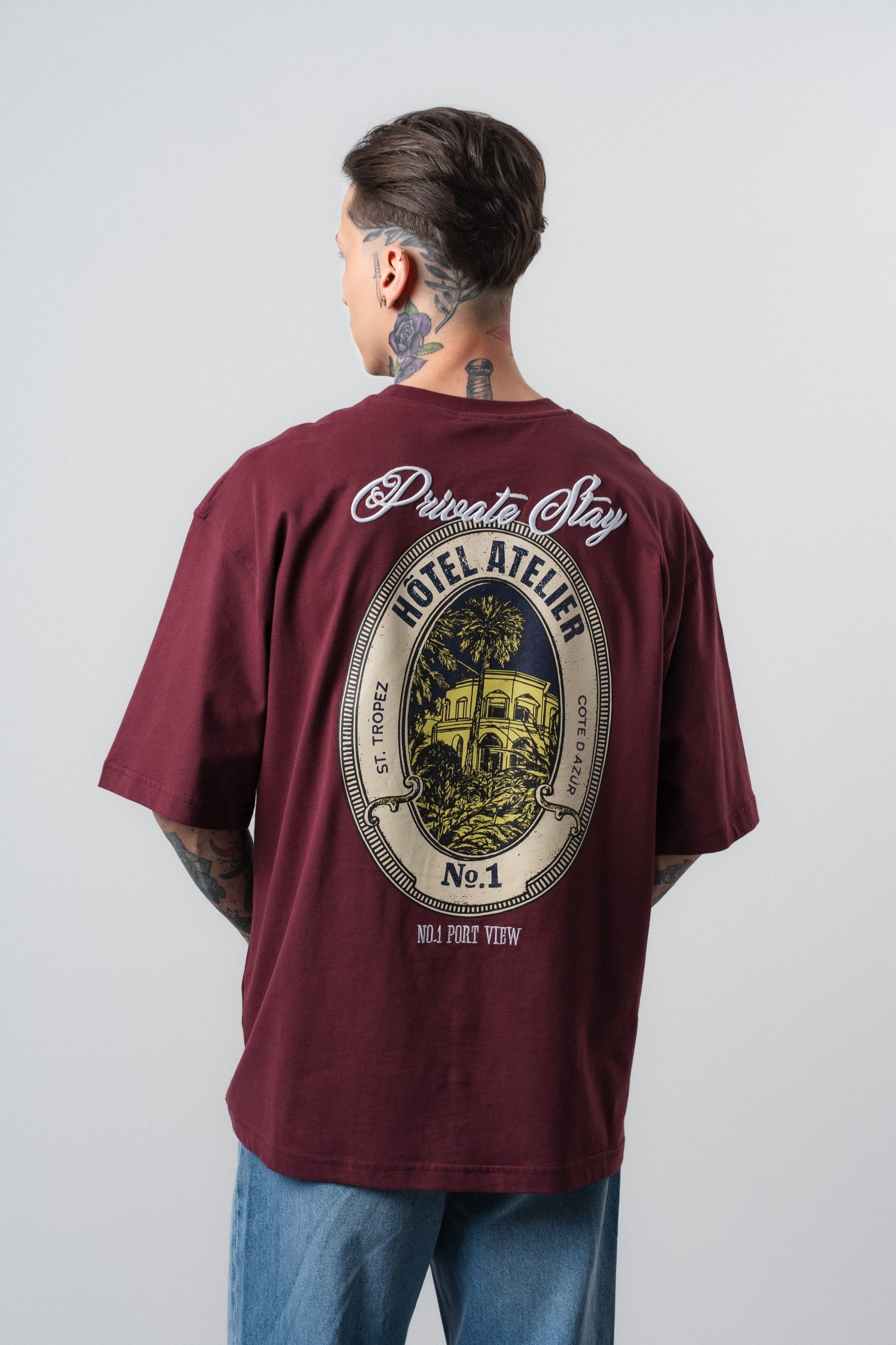 Erkek Private Baskılı Oversize T-Shirt Vişne