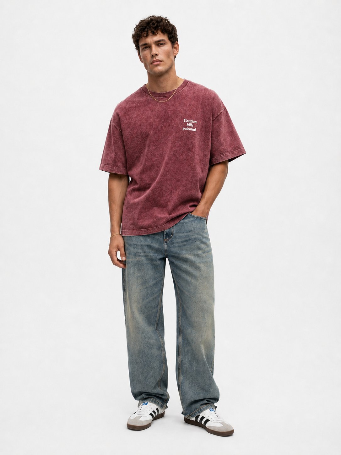 Erkek Puf Baskılı Yıkamalı Oversize T-Shirt Bordo