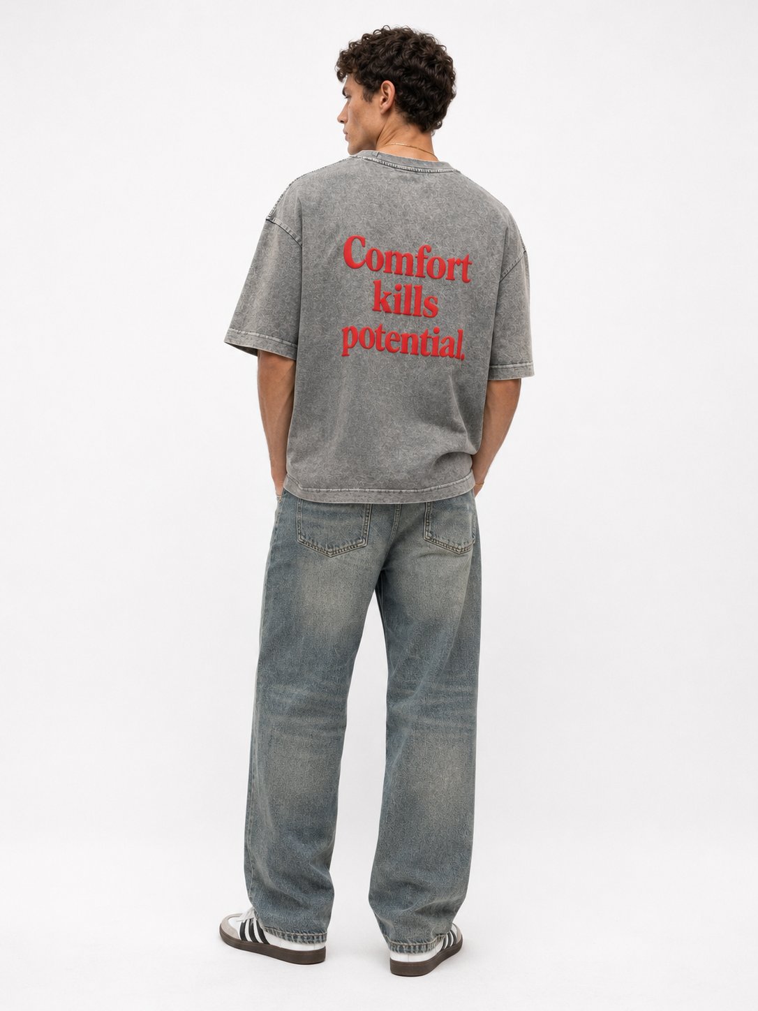 Erkek Puf Baskılı Yıkamalı Oversize T-Shirt Gri
