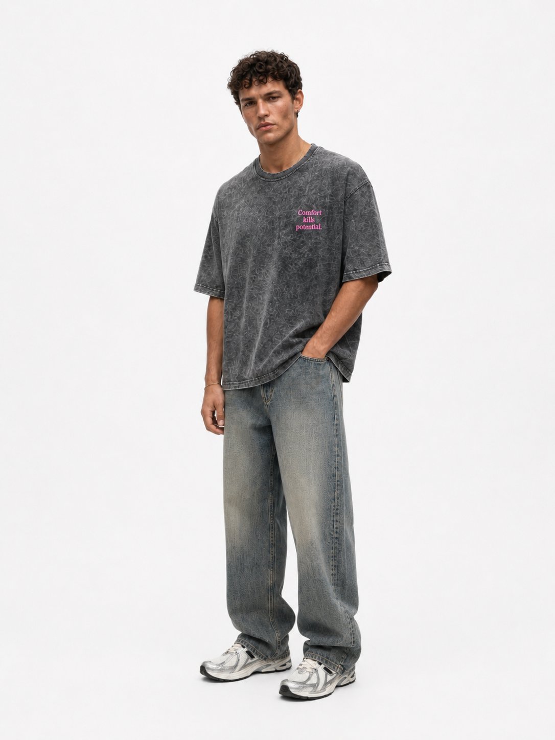 Erkek Puf Baskılı Yıkamalı Oversize T-Shirt Siyah