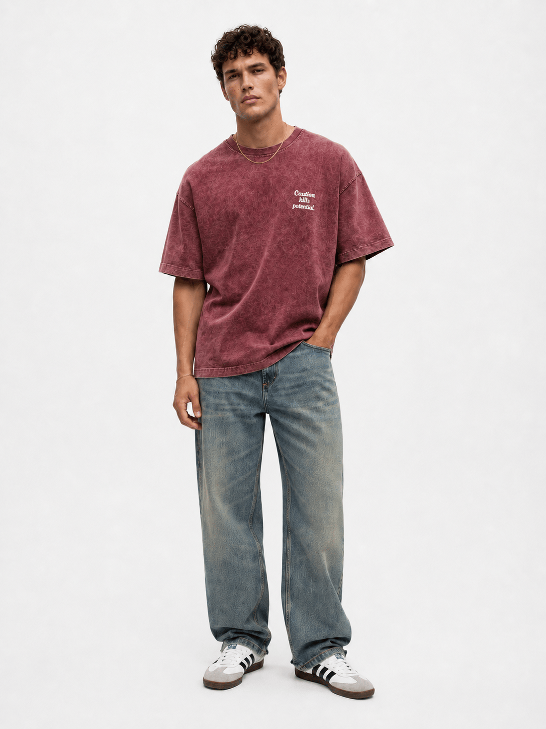 Erkek Puf Baskılı Yıkamalı Oversize T-Shirt Bordo
