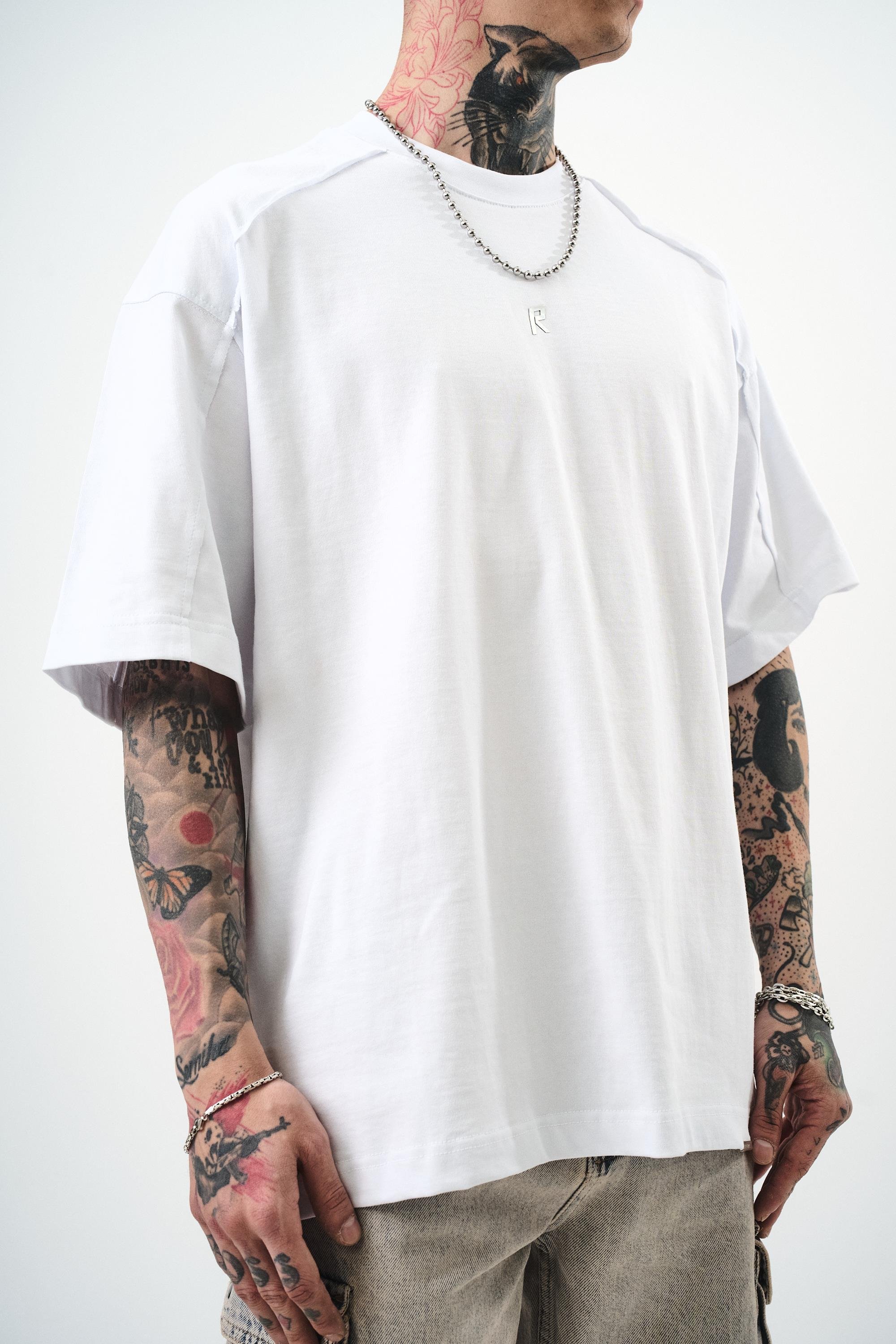 Erkek R Baskılı Oversize T-Shirt Beyaz