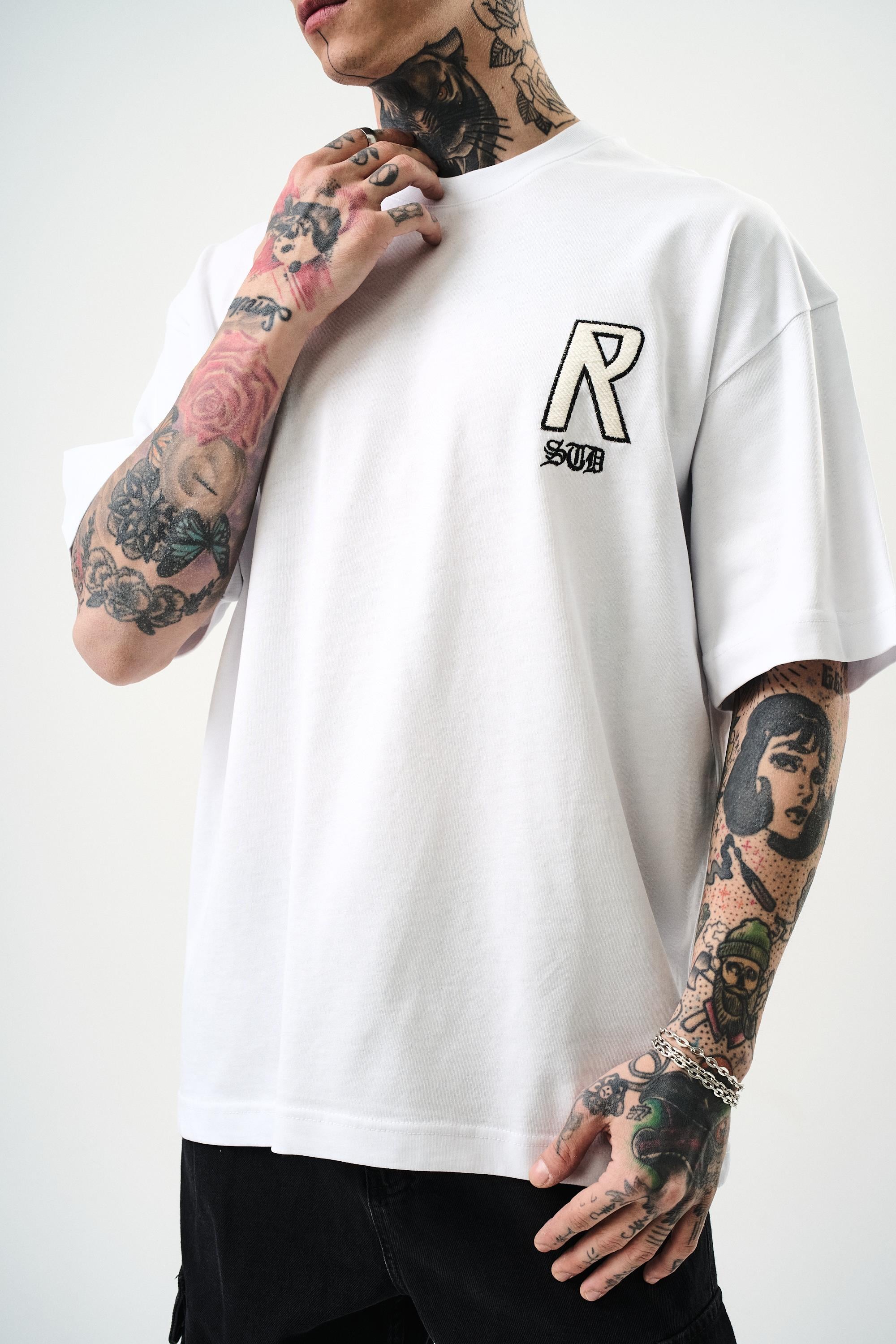 Erkek R Creative Nakışlı Oversize T-Shirt Beyaz