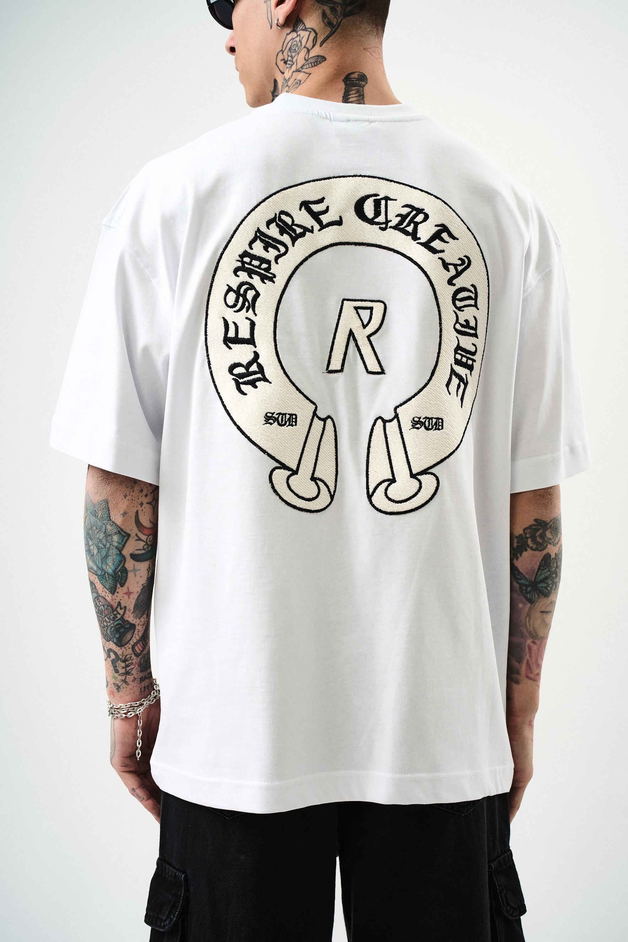 Erkek R Creative Nakışlı Oversize T-Shirt Beyaz