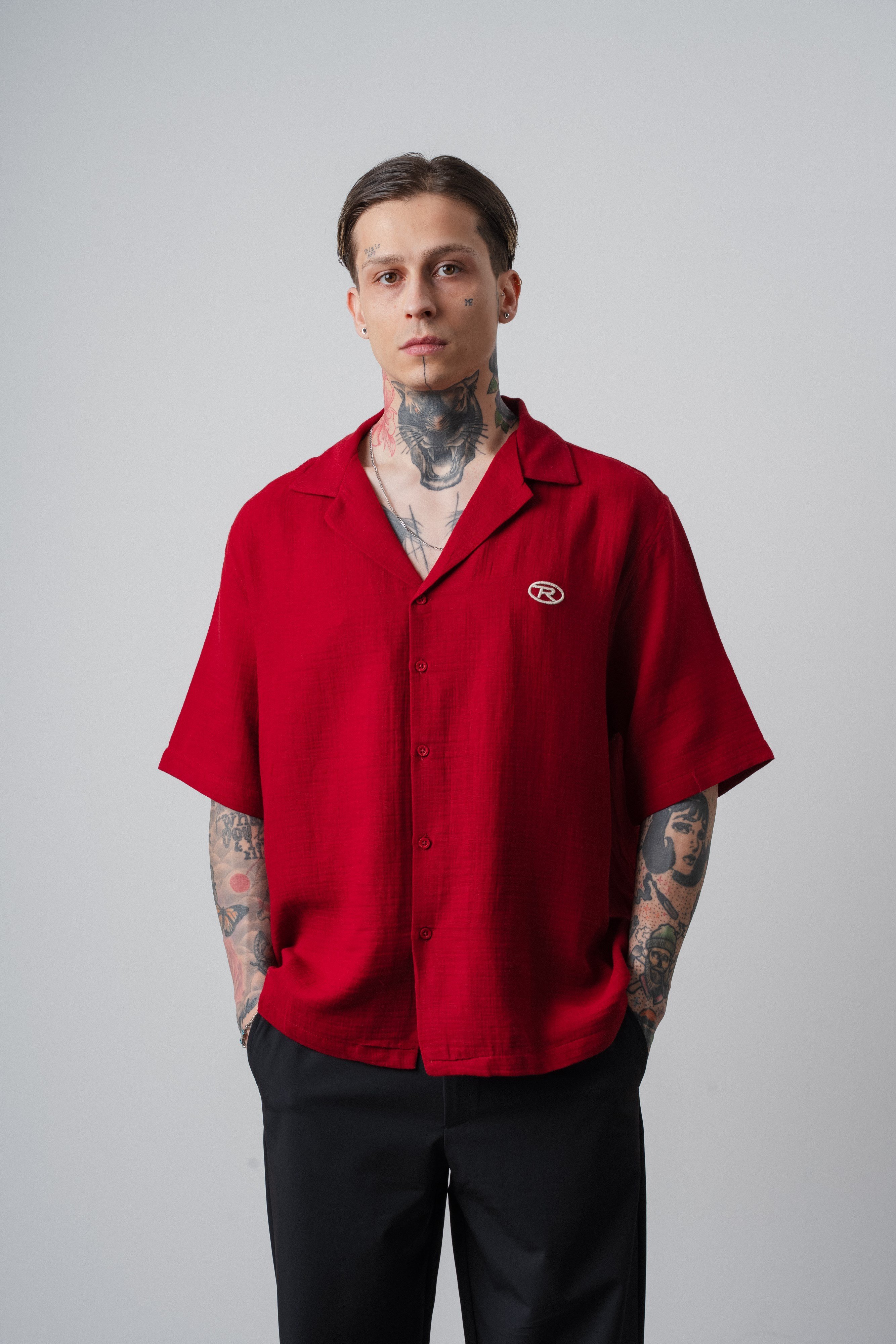 Erkek R Nakışlı Kısa Kollu Müslin Oversize Gömlek Bordo