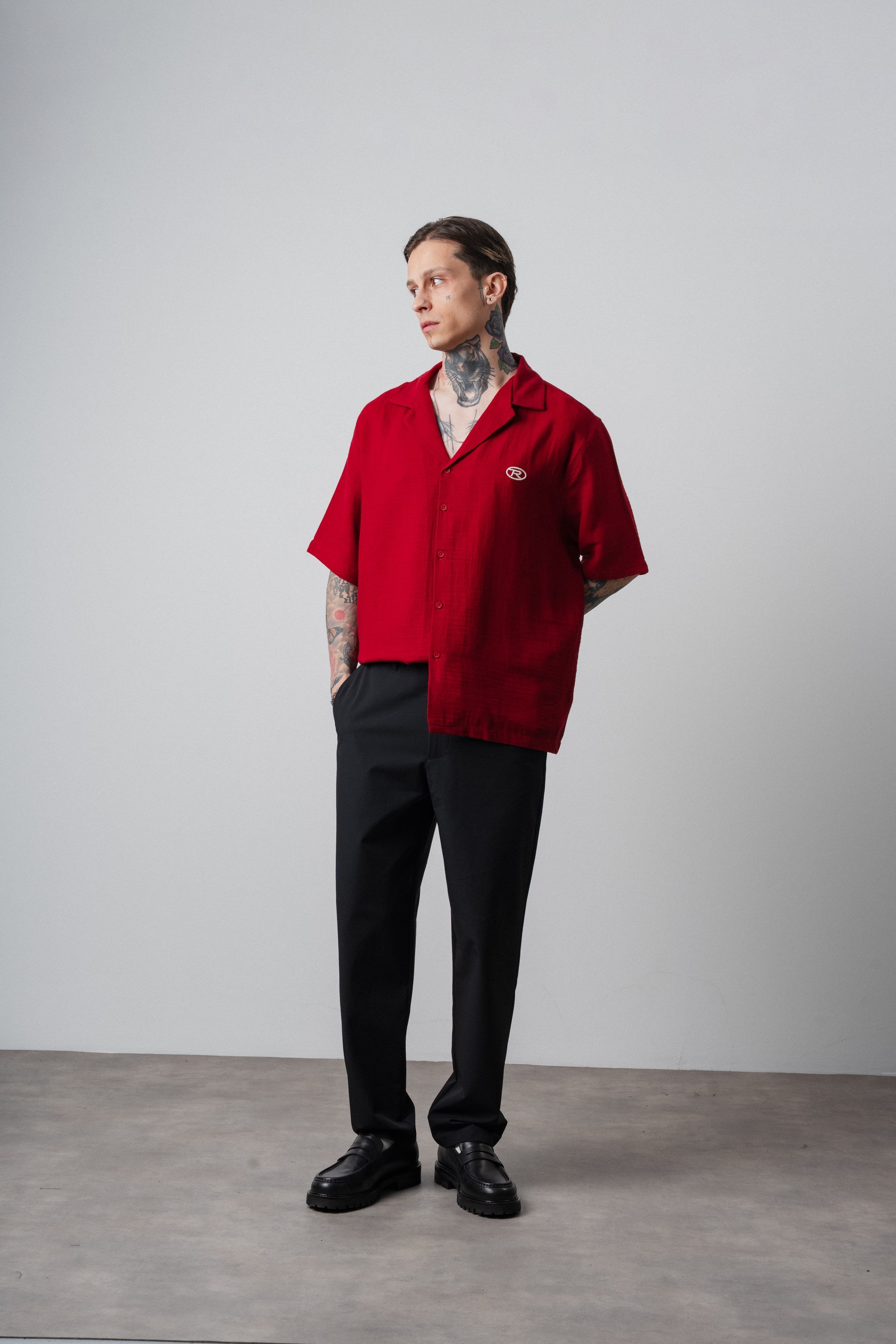 Erkek R Nakışlı Kısa Kollu Müslin Oversize Gömlek Bordo