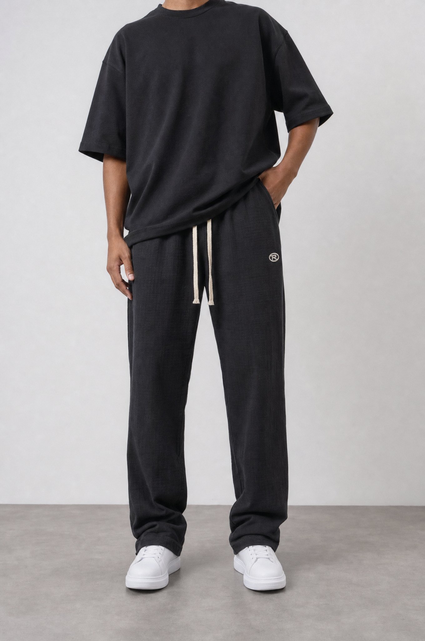 Erkek R Nakışlı Müslin Baggy Pantolon Siyah