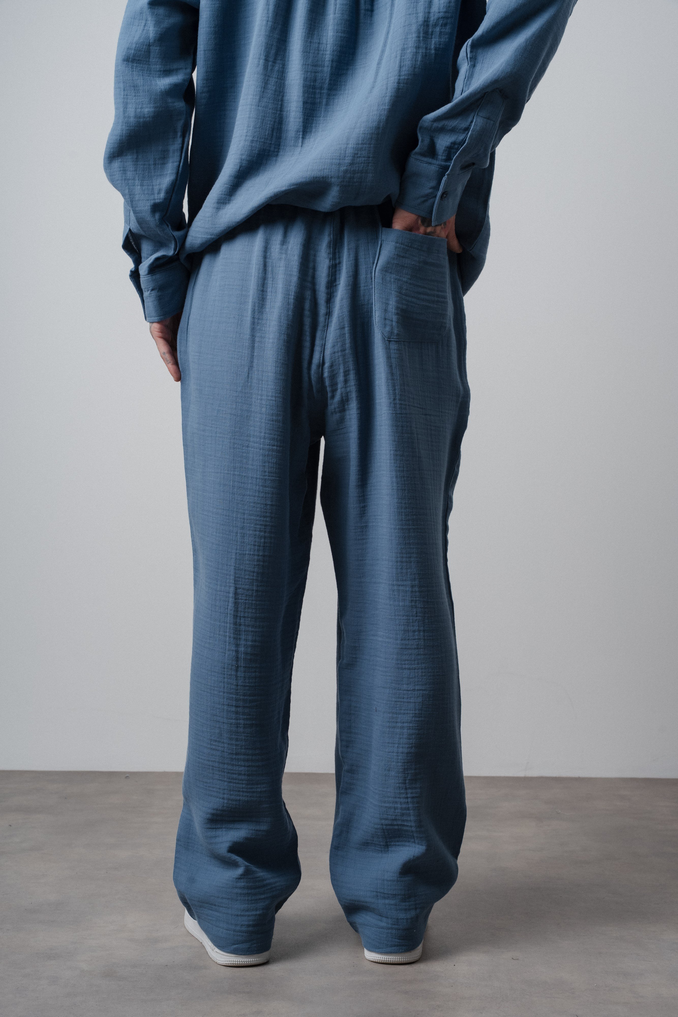 Erkek R Nakışlı Müslin Baggy Pantolon Açık Mavi