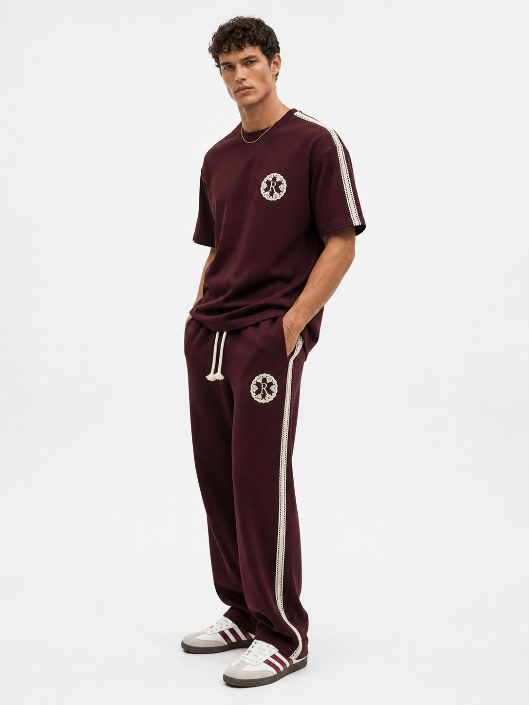 Erkek R Nakışlı Şerit Detaylı Regular Fit Eşofman Takımı Bordo