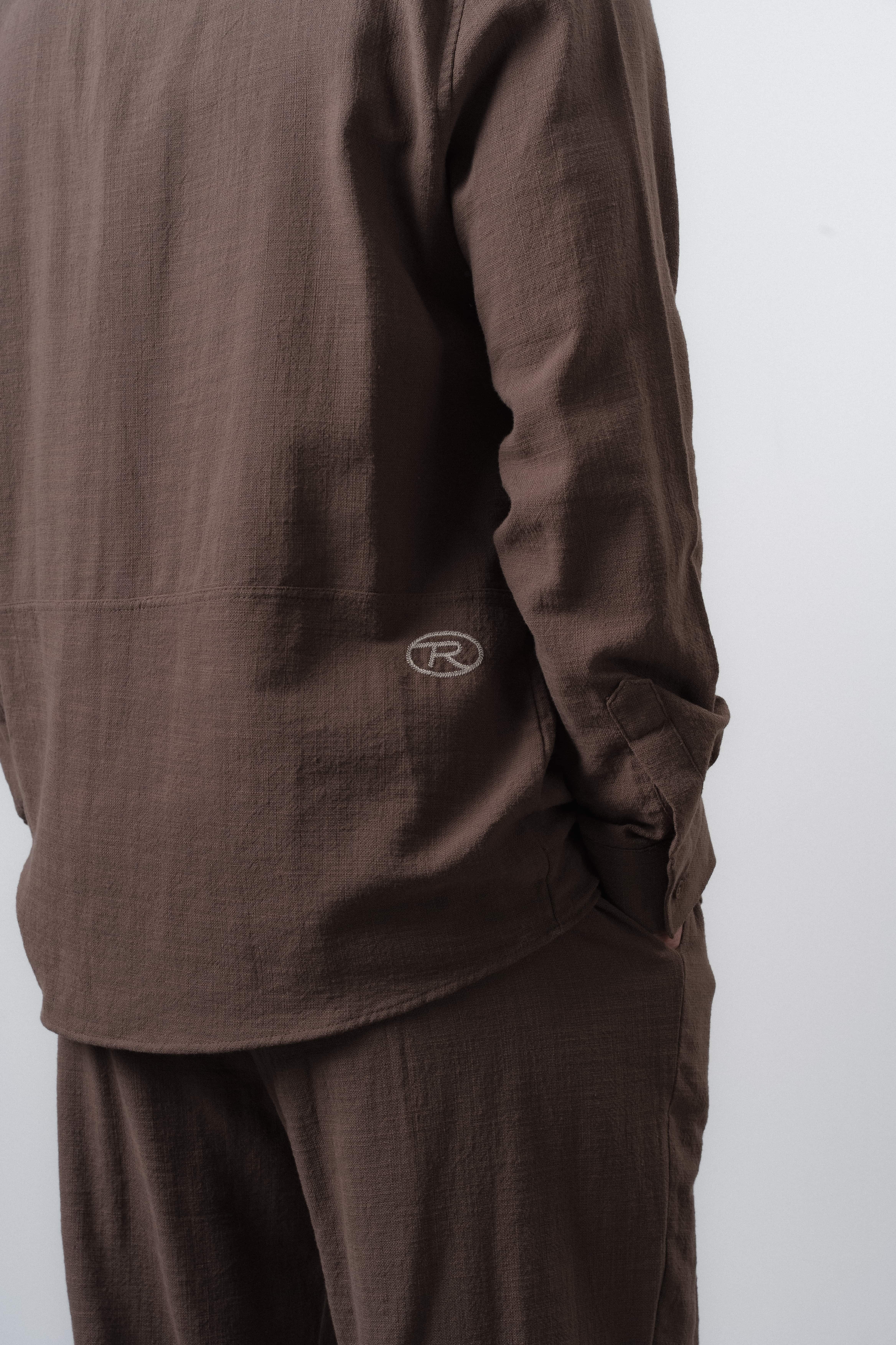 Erkek R Nakışlı Uzun Kollu Oversize Gömlek Kahve