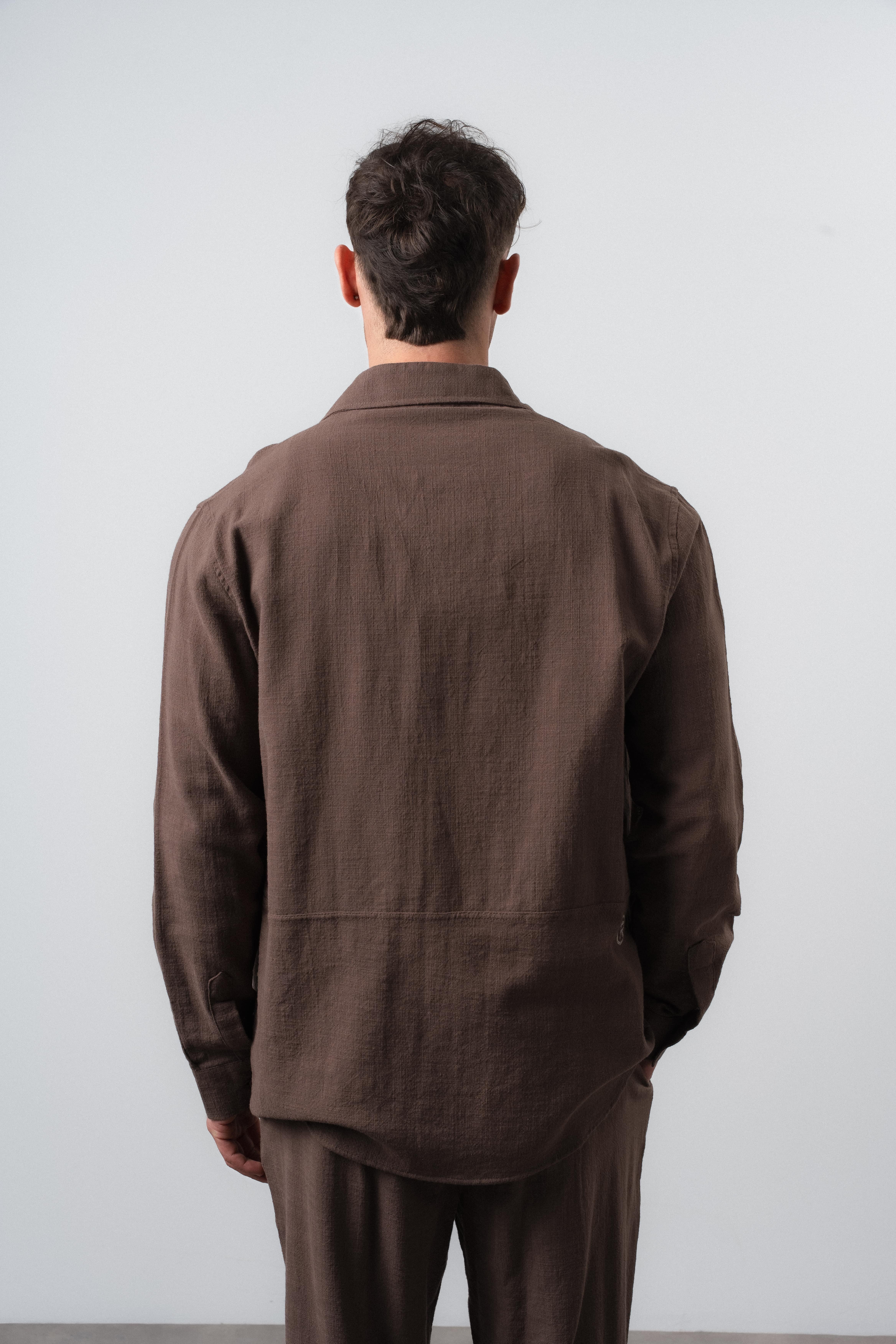 Erkek R Nakışlı Uzun Kollu Oversize Gömlek Kahve