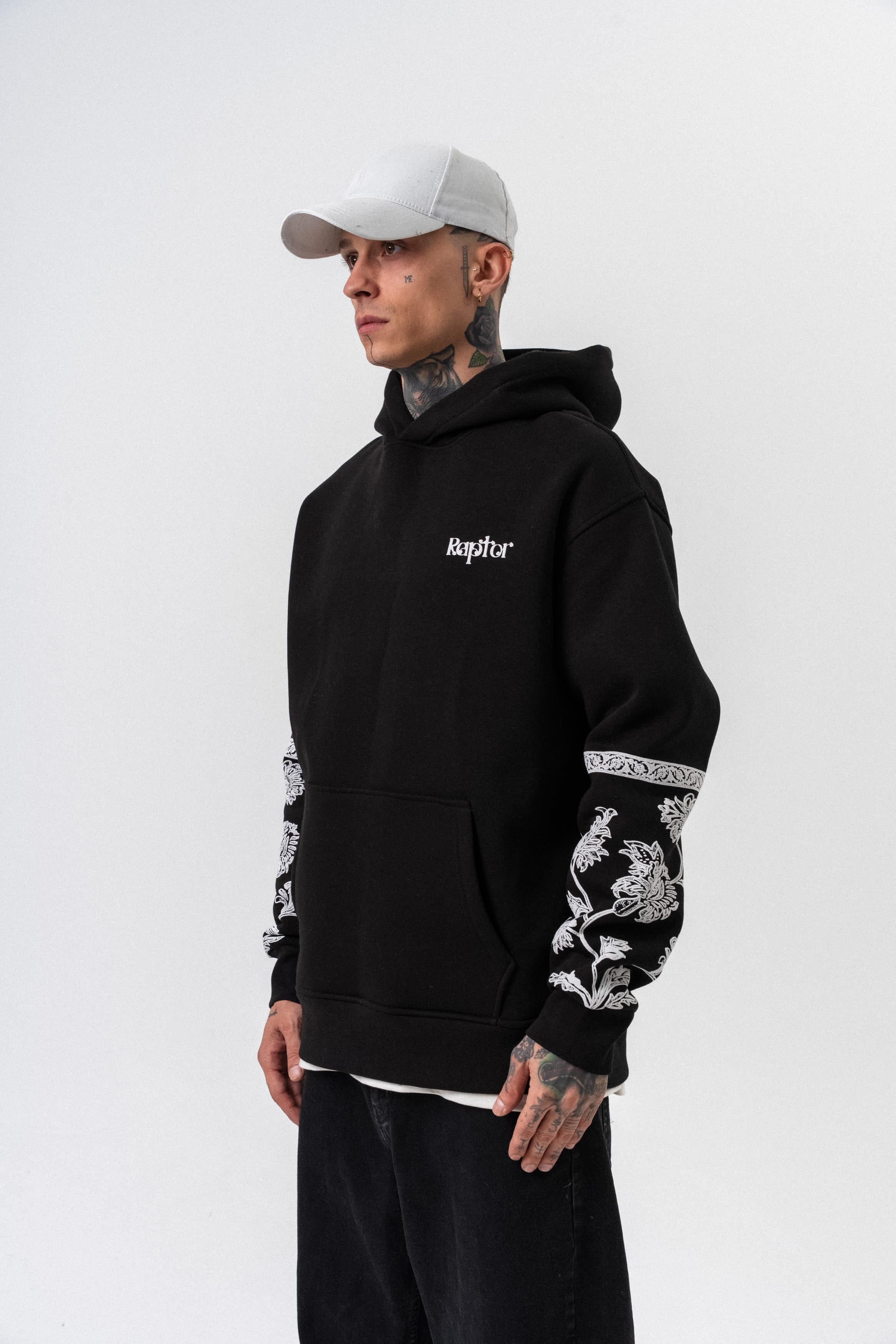 Erkek Raptor Baskılı Kapüşonlu Oversize Hoodie Siyah