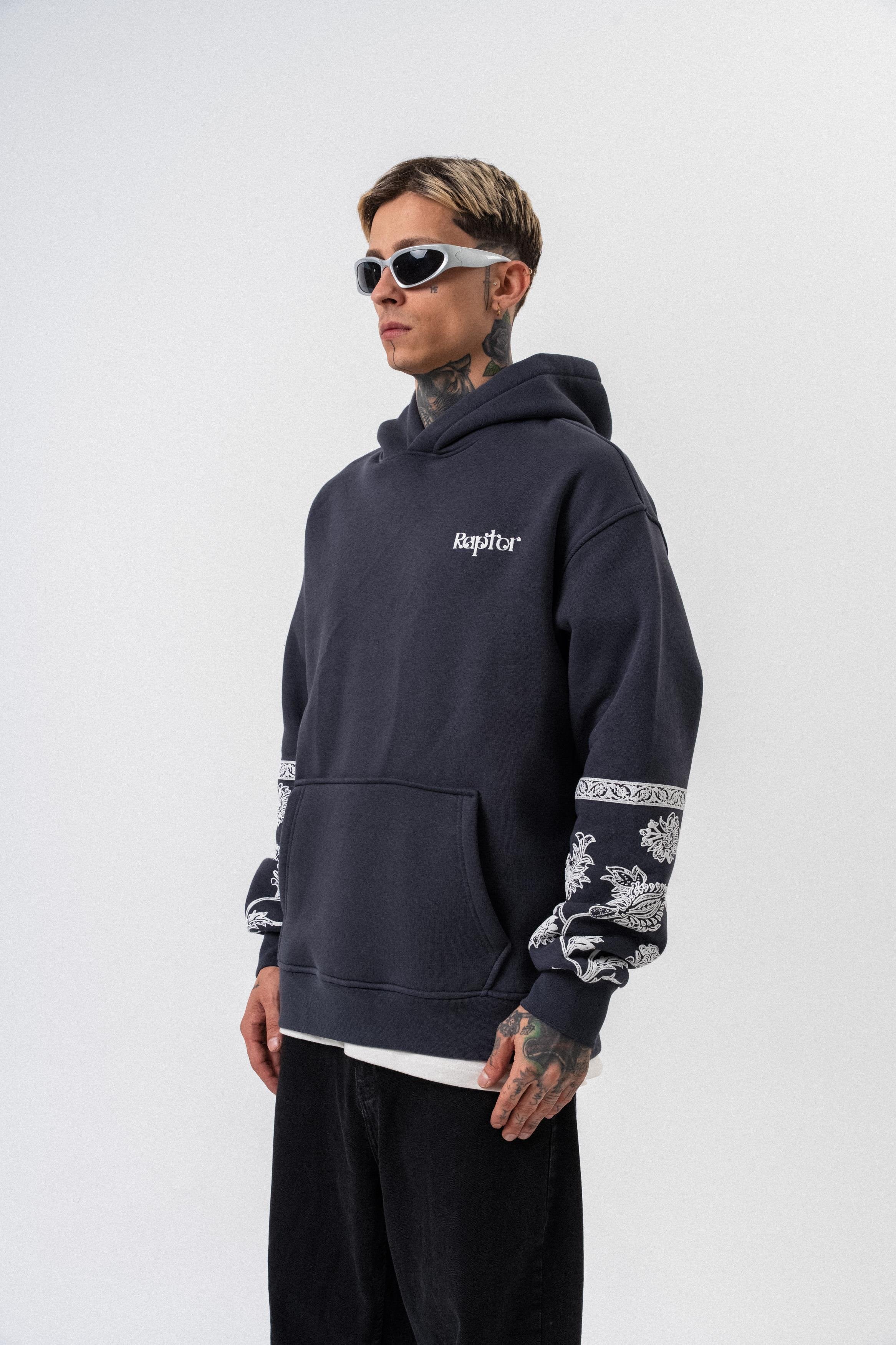 Erkek Raptor Baskılı Kapüşonlu Oversize Hoodie Füme