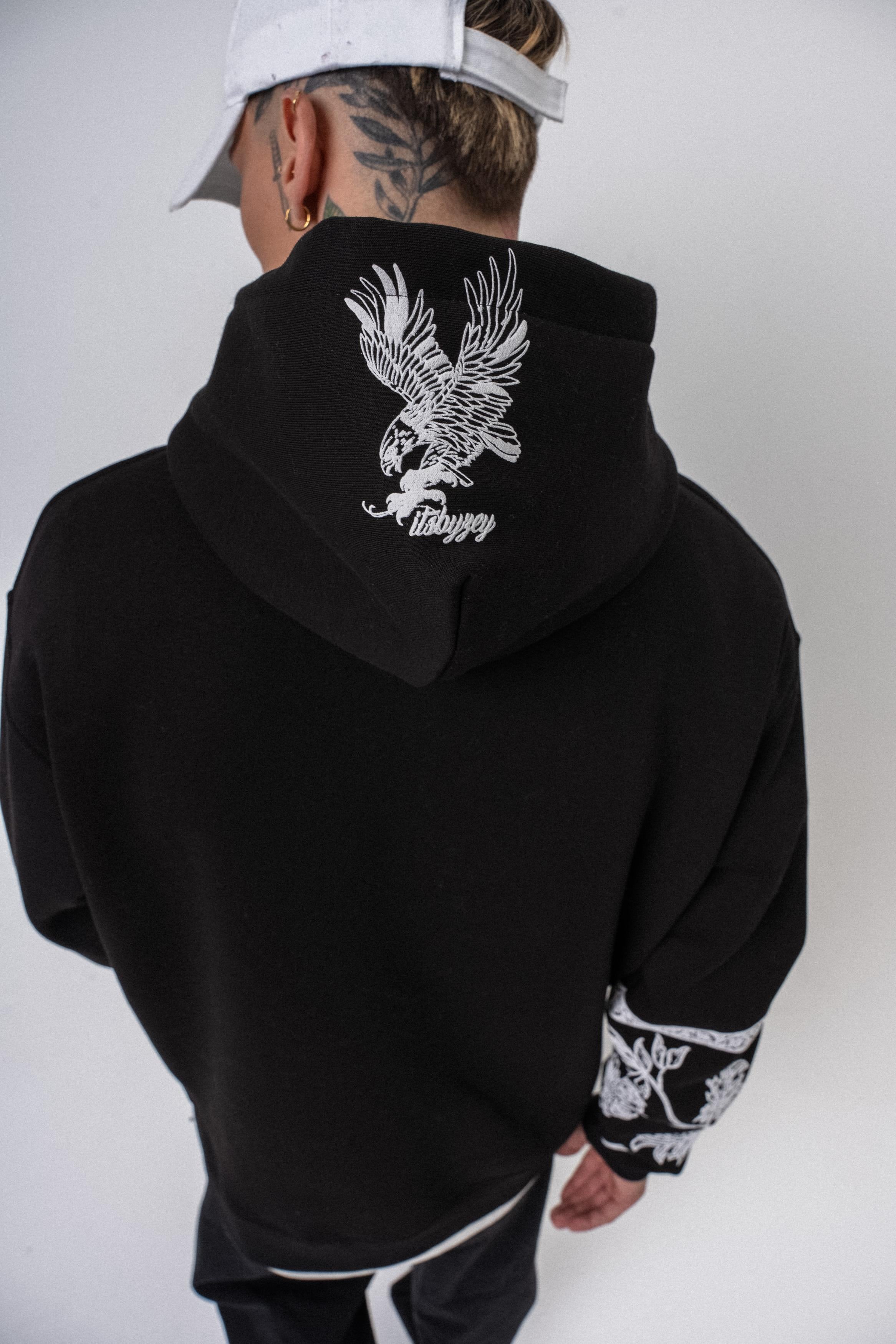Erkek Raptor Baskılı Kapüşonlu Oversize Hoodie Siyah