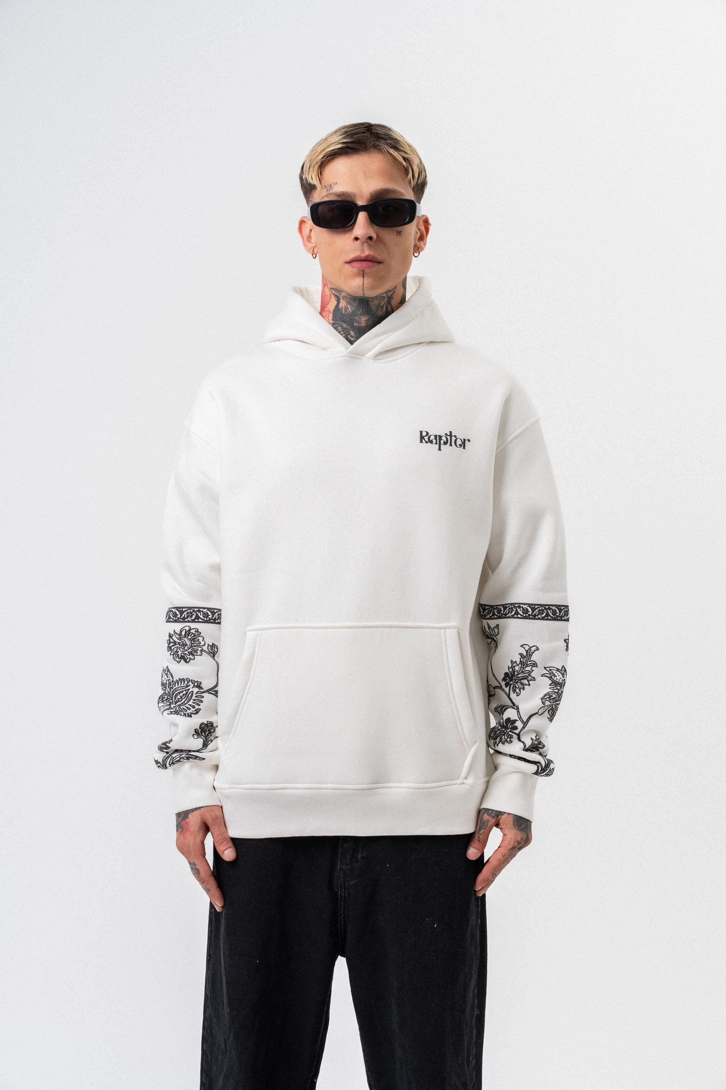 Erkek Raptor Baskılı Kapüşonlu Oversize Hoodie Ekru