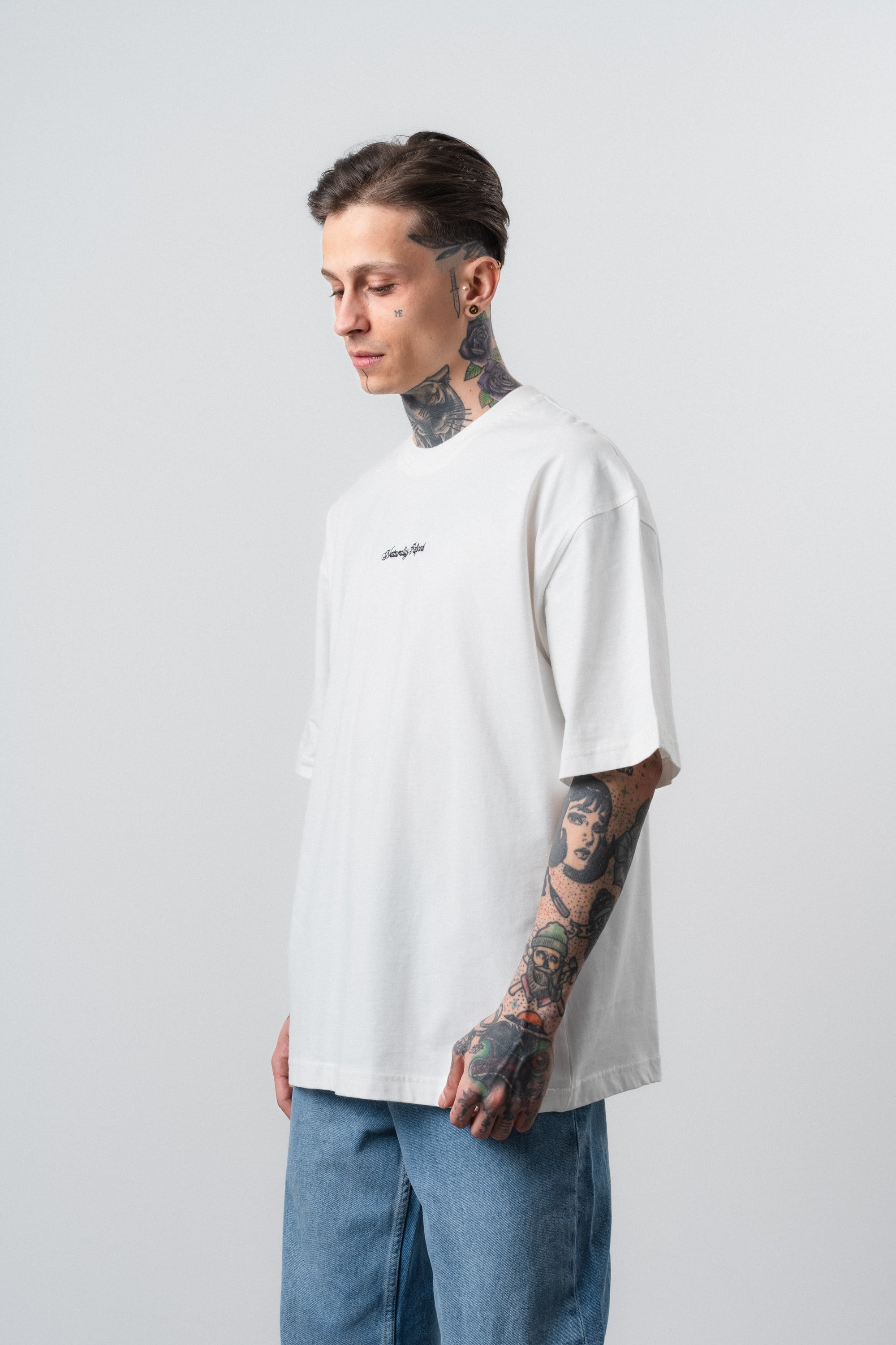 Erkek Refined Baskılı Oversize T-Shirt Ekru