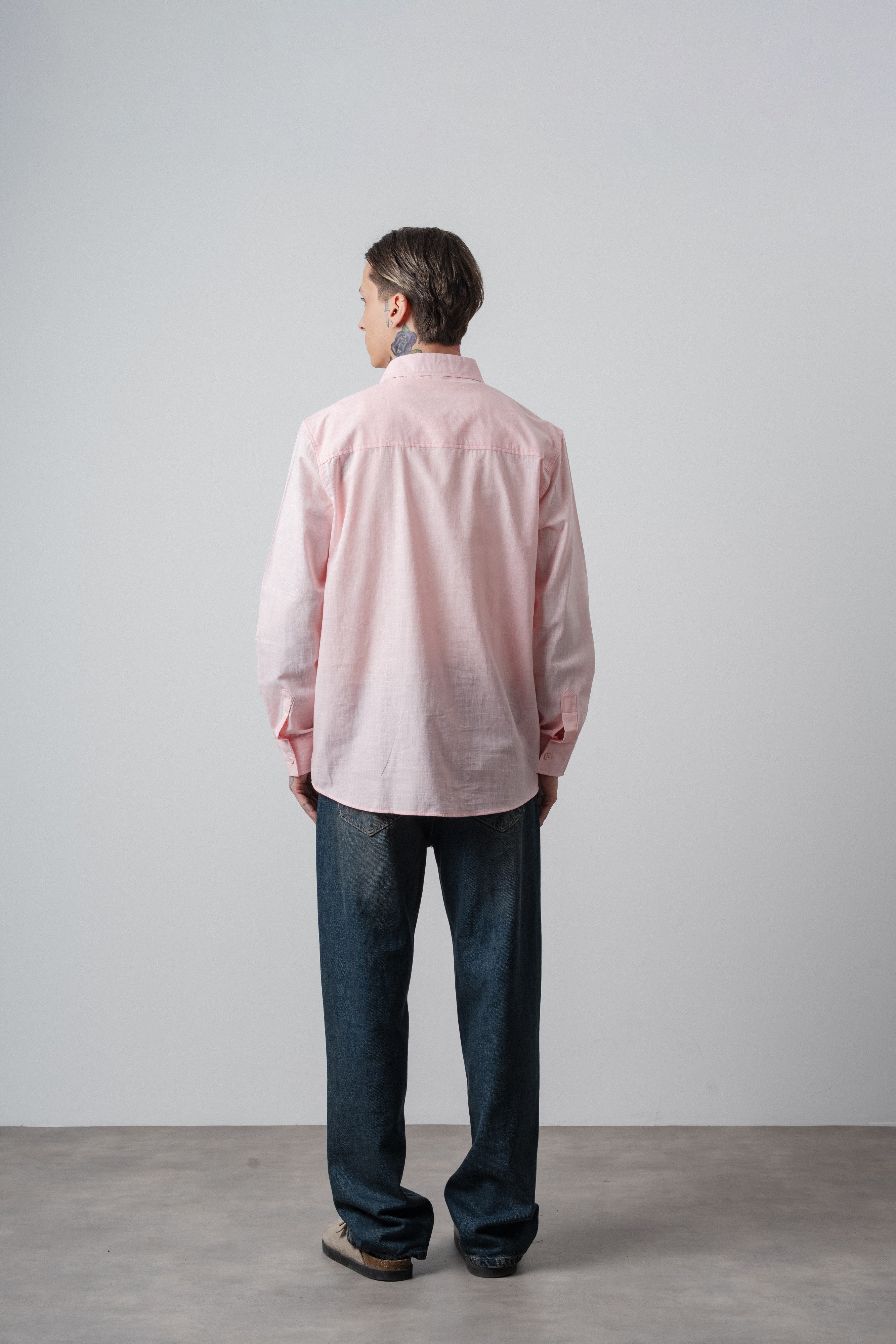 Erkek Res Nakışlı Uzun Kollu Keten Oversize Gömlek Pembe