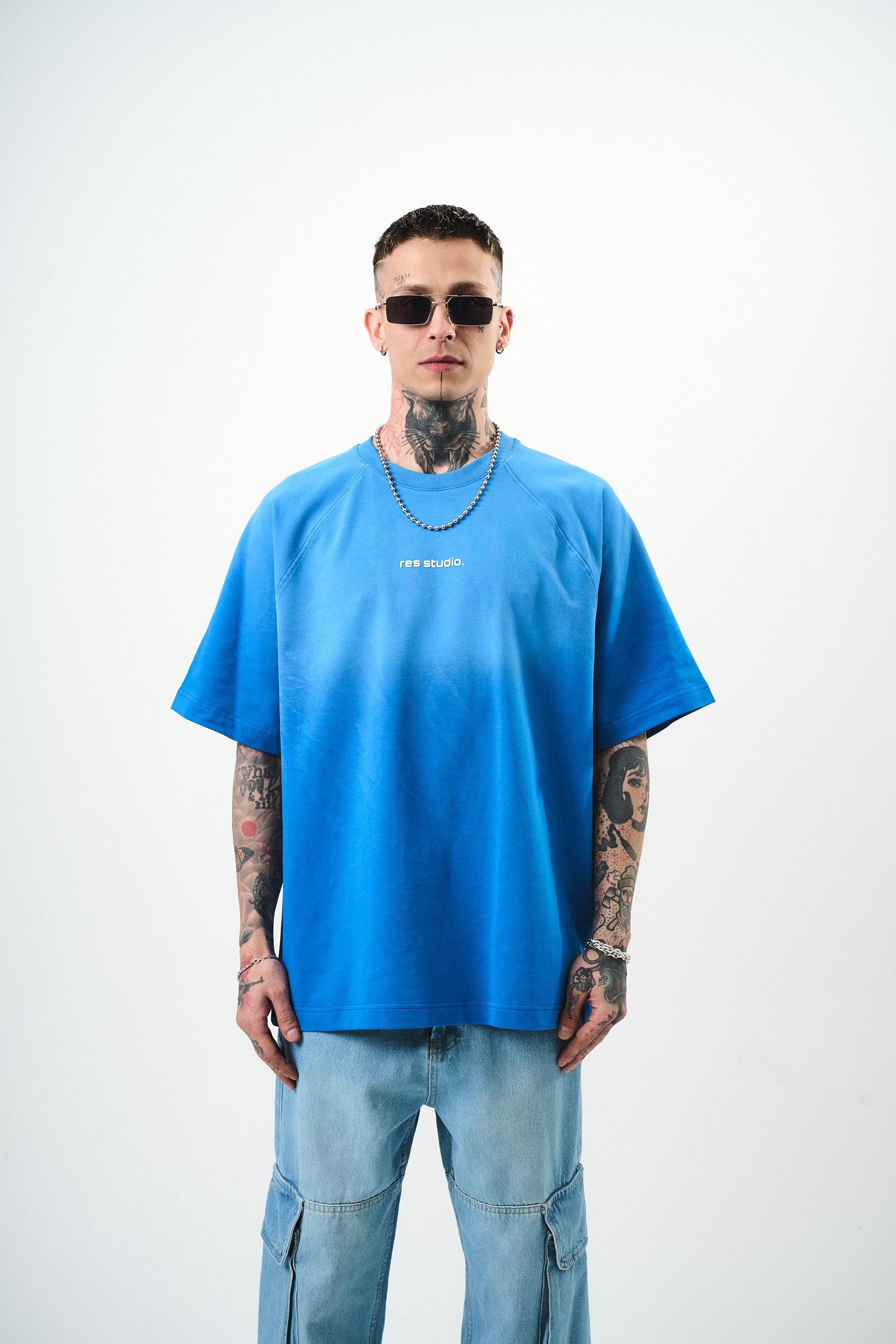 Erkek Res Studio Yazılı Oversize T-Shirt Mavi