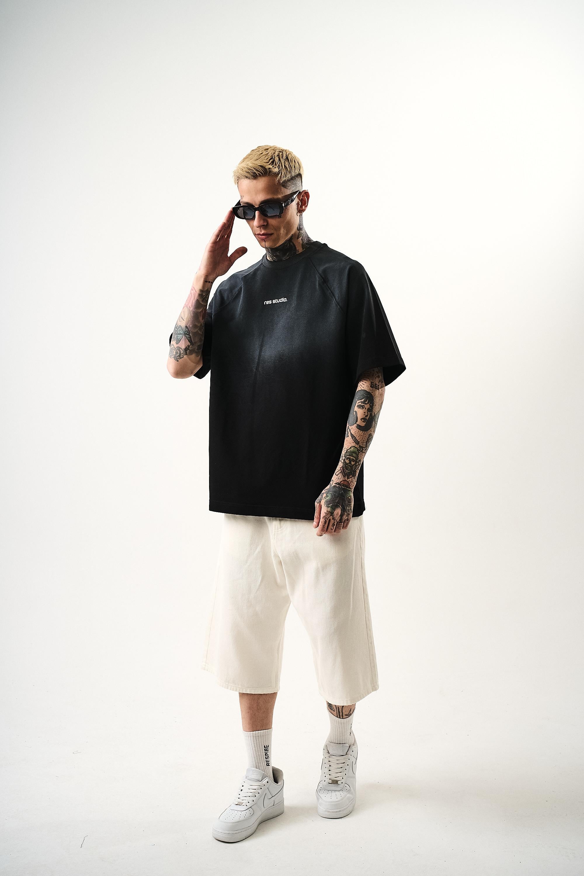 Erkek Res Studio Yazılı Oversize T-Shirt Siyah