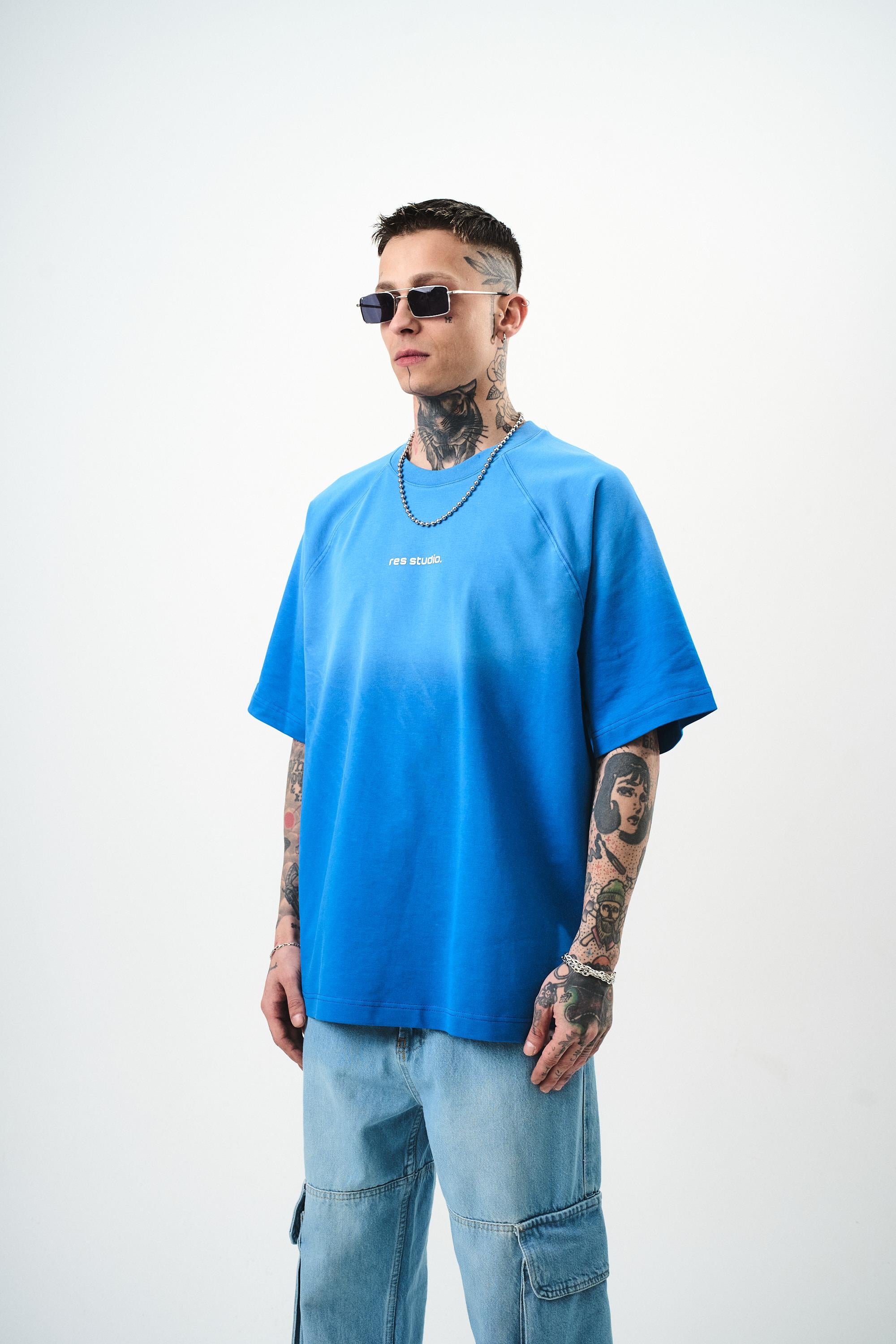 Erkek Res Studio Yazılı Oversize T-Shirt Mavi