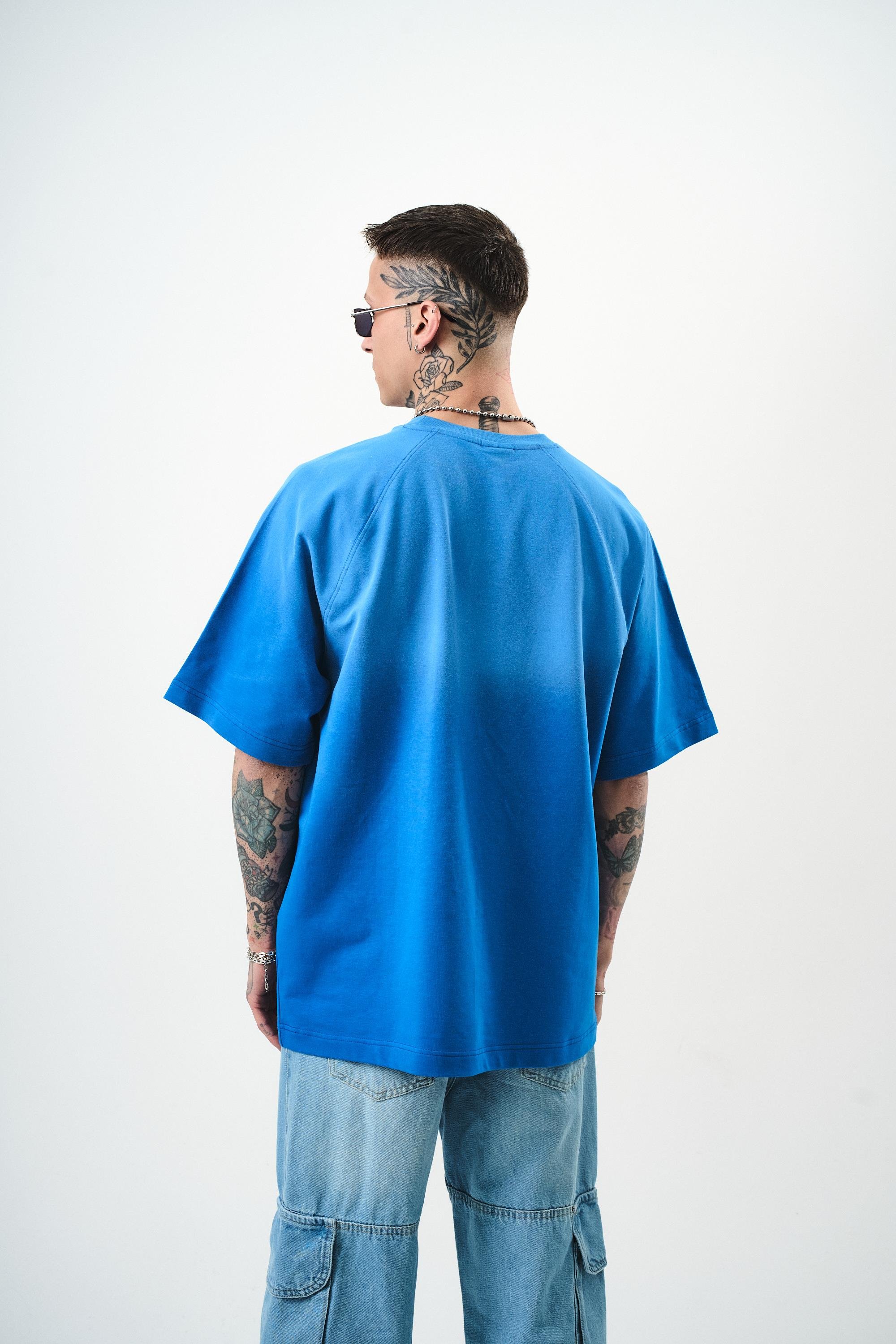 Erkek Res Studio Yazılı Oversize T-Shirt Mavi