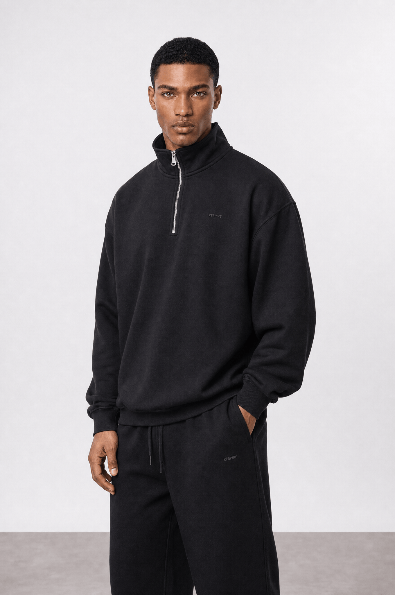Erkek Respire Basic Half Zip Oversize Sweatshirt Siyah