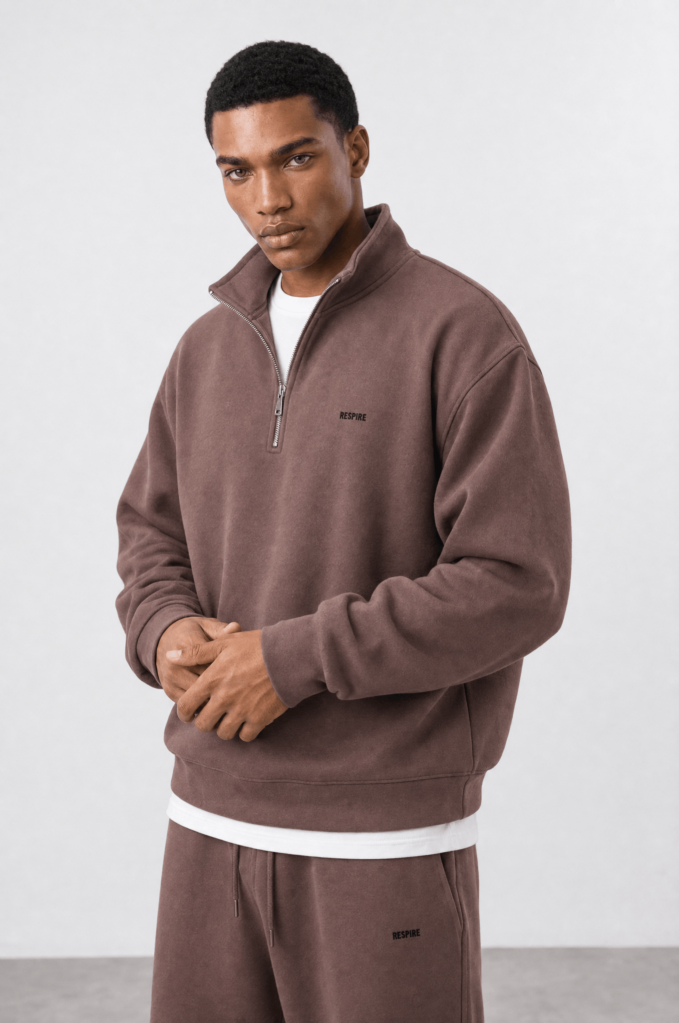 Erkek Respire Basic Half Zip Oversize Sweatshirt Kakao
