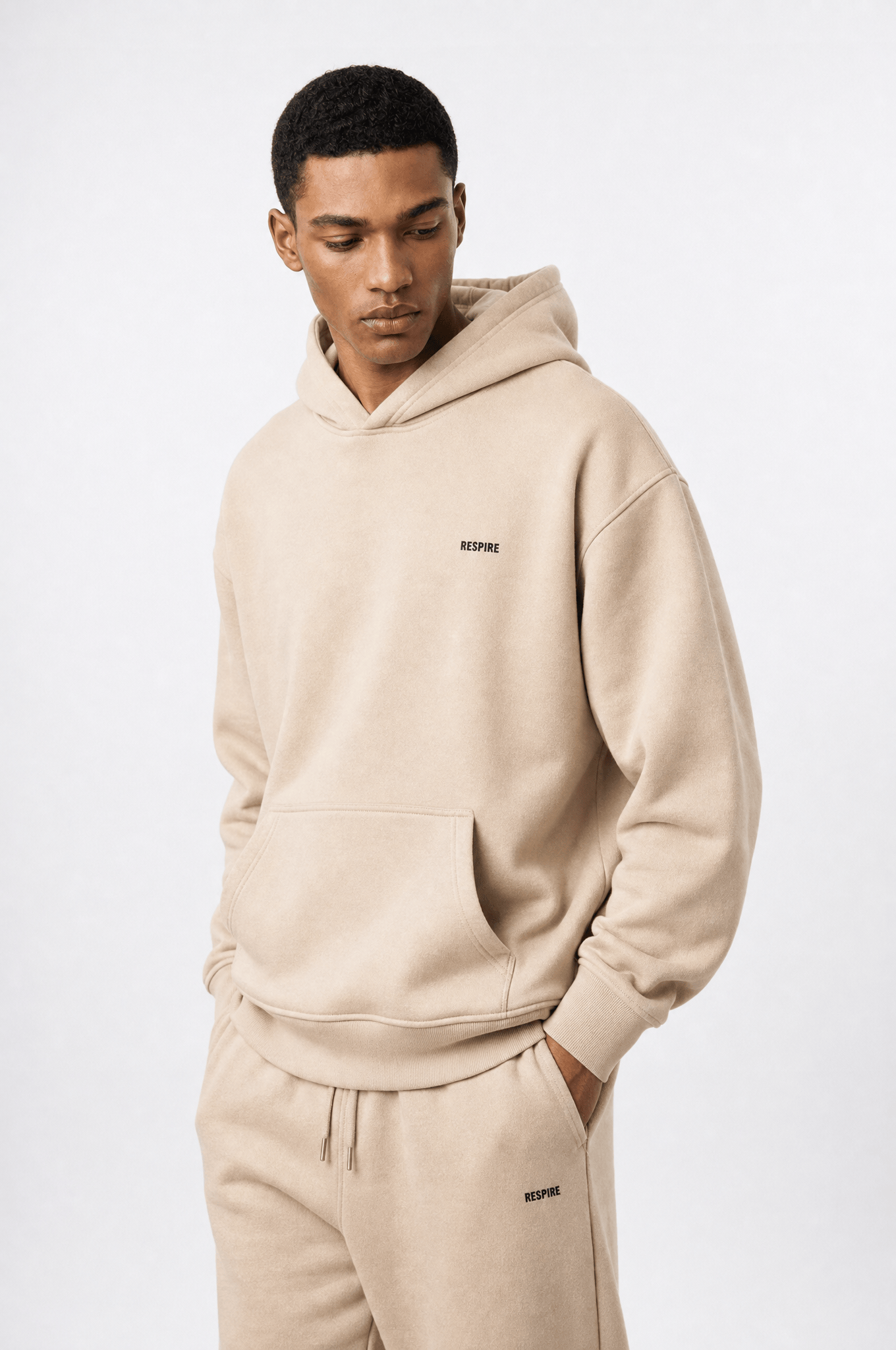 Erkek Respire Basic Oversize Hoodie Bej