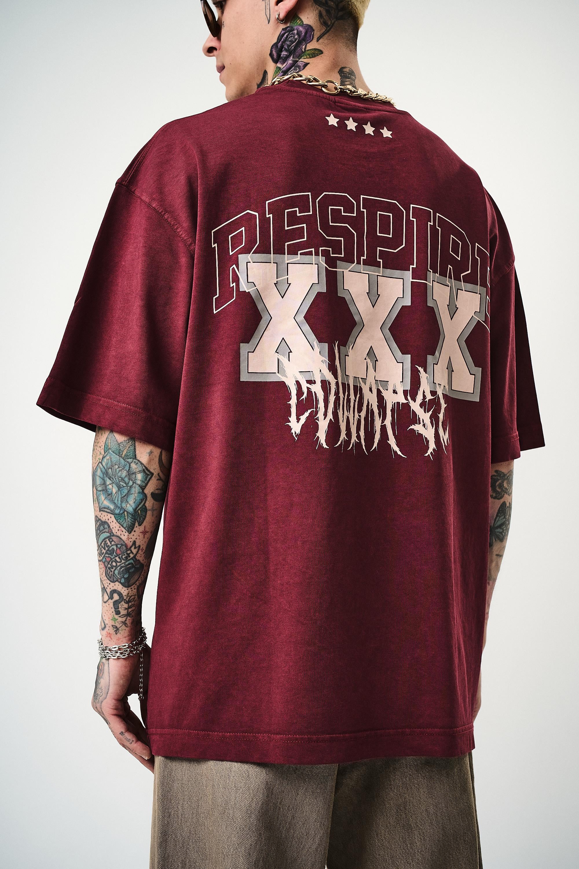 Erkek Respire Baskılı Yıkamalı Oversize T-Shirt Bordo