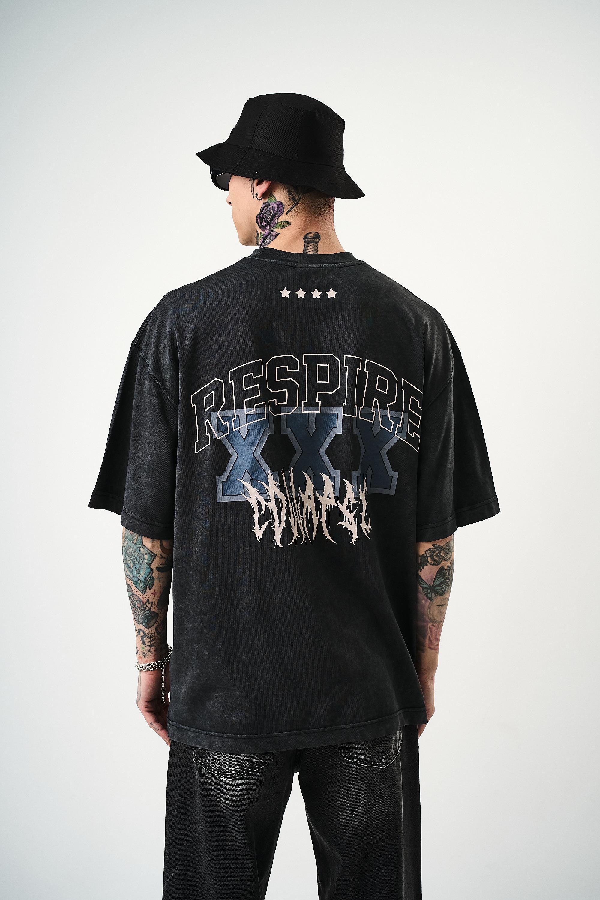Erkek Respire Baskılı Yıkamalı Oversize T-Shirt Siyah