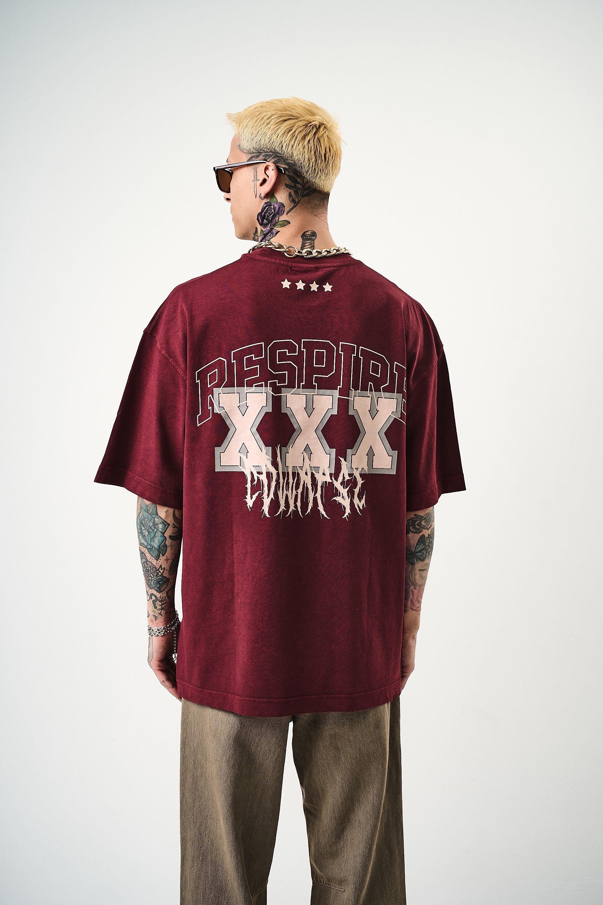 Erkek Respire Baskılı Yıkamalı Oversize T-Shirt Bordo